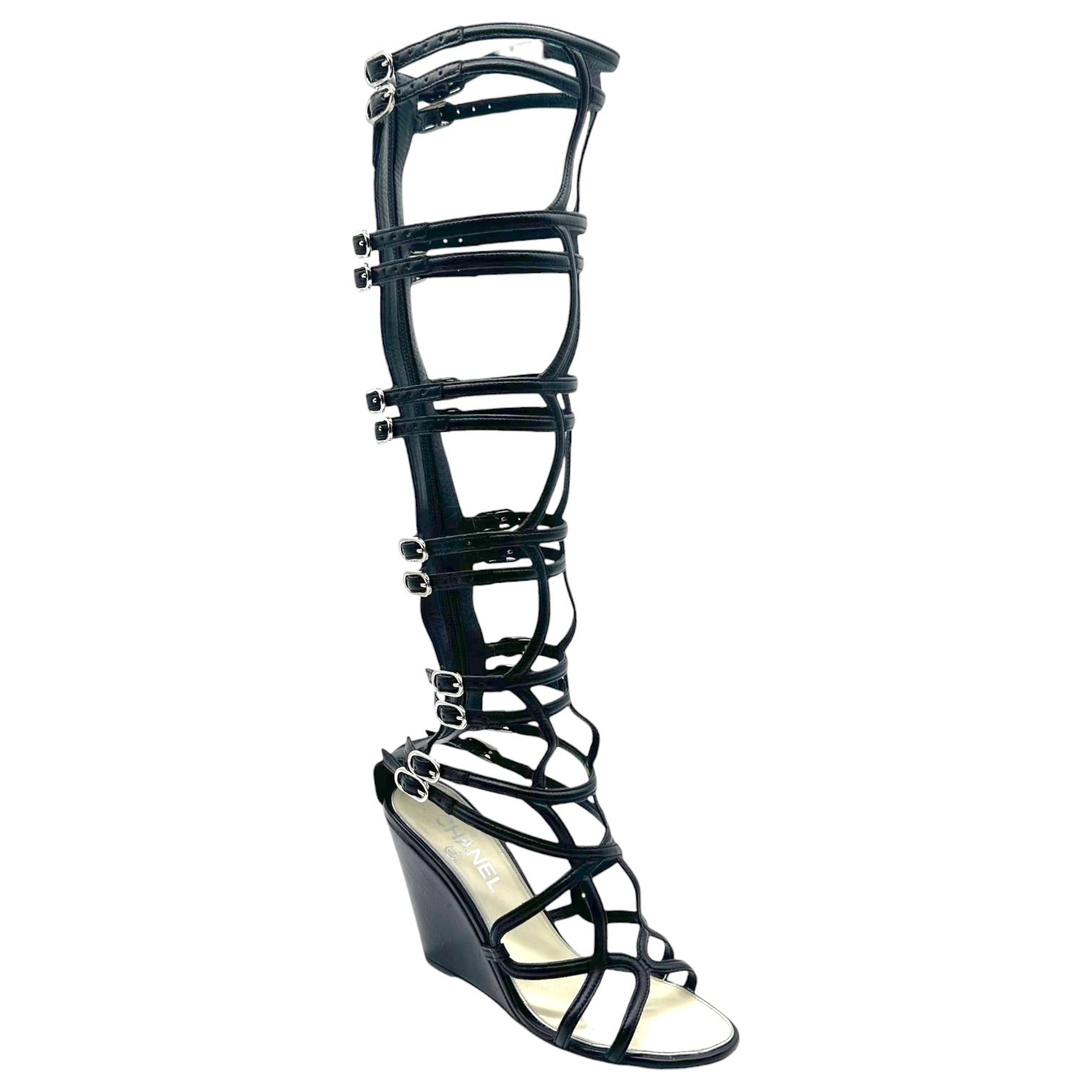 Chanel Black Leather Knee High Gladiator Wedge Sandals