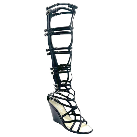Chanel Black Leather Knee High Gladiator Wedge Sandals