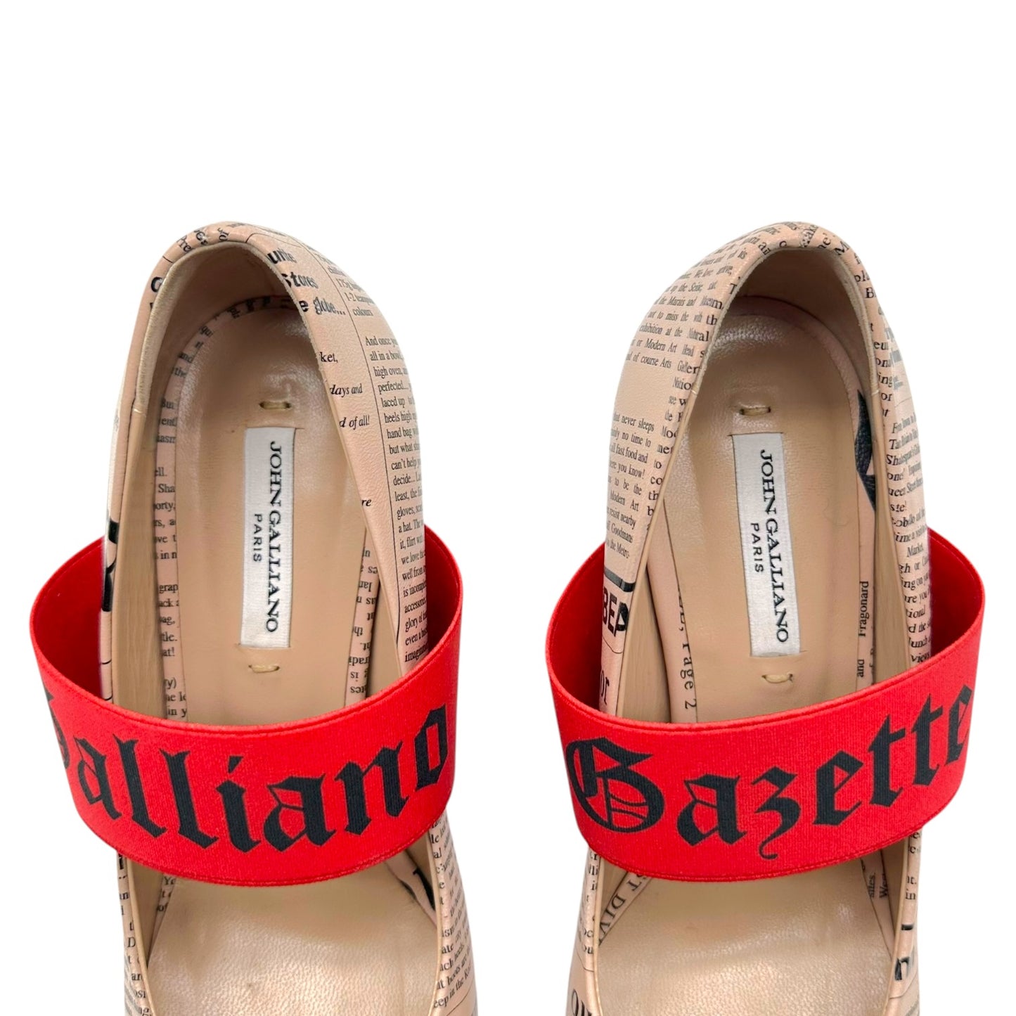 John Galliano Pointed Toe Heels Nude Newsprint Red Straps