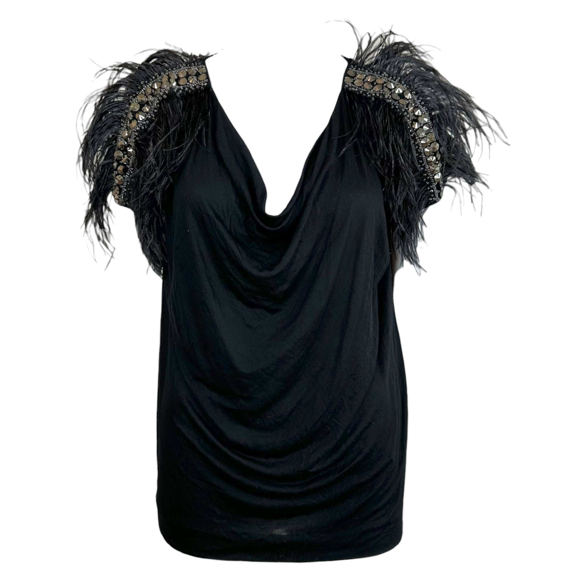 Emilio Pucci Black Cowl Neck Blouse Feather Trim