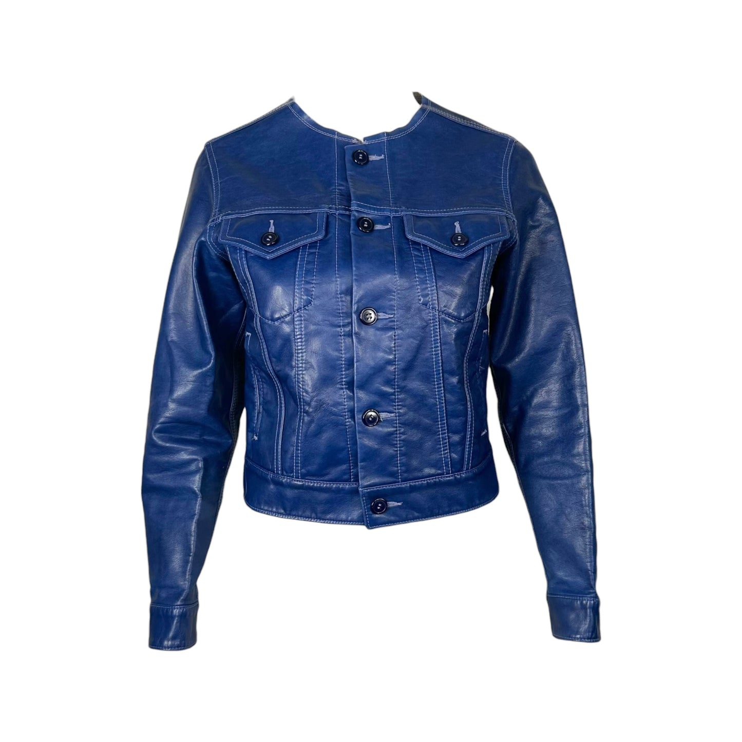 CDG Comme des Garçons ss17 Blue Faux Leather Button Up Raw Hem Jacket - Outfit Repeater