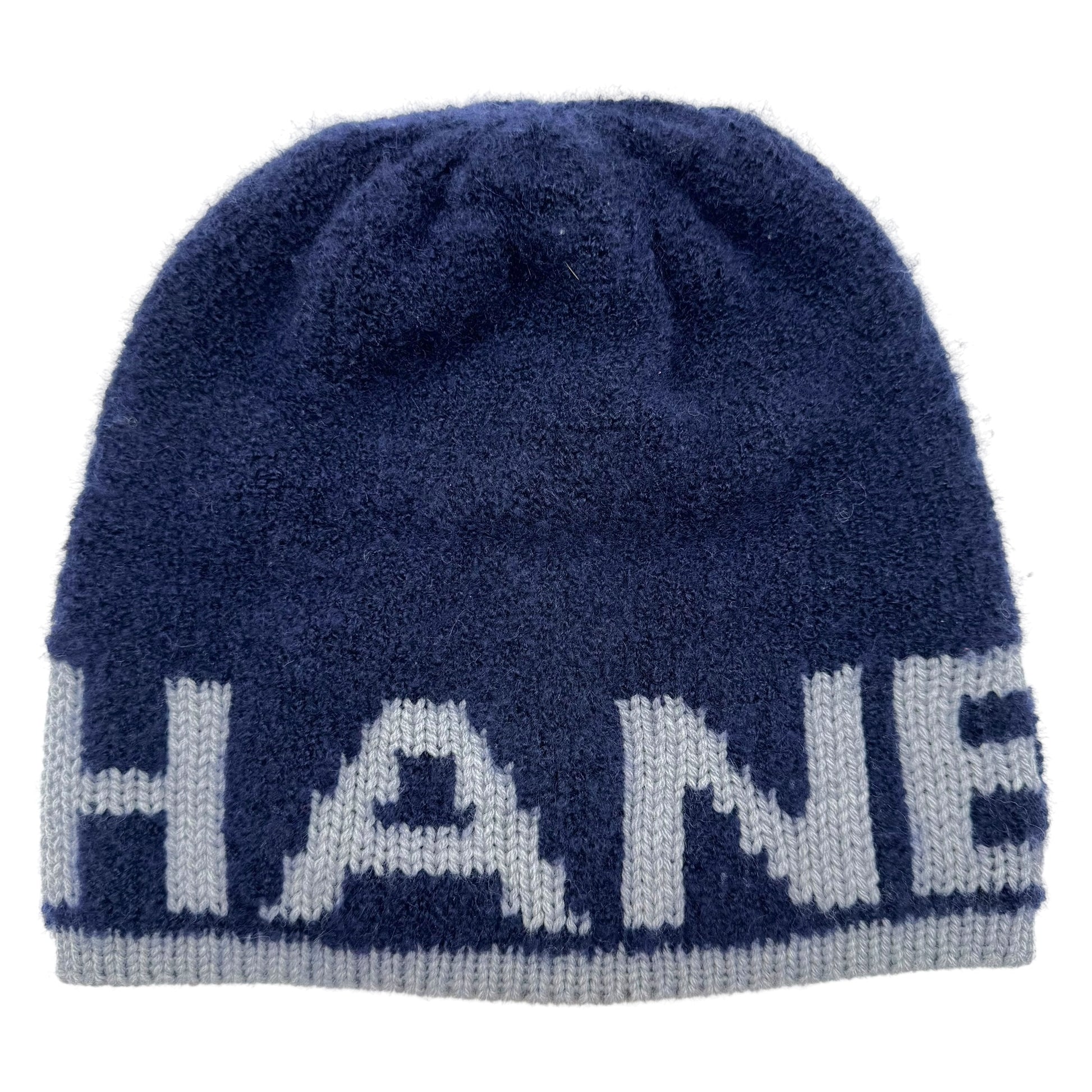 Chanel Navy Blue Cashmere Wool Logo Beanie Hat