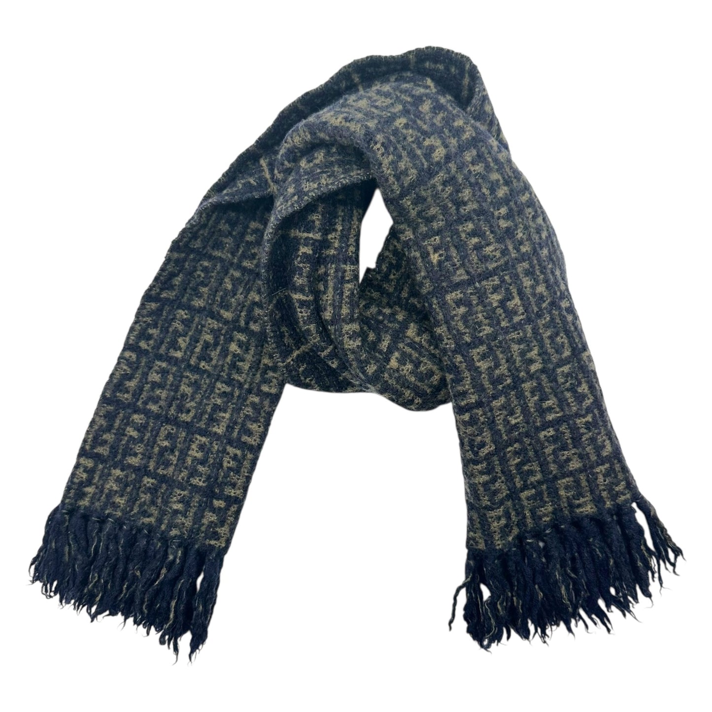 Fendi Navy Blue & Tan Zucca Monogram Wool Scarf - Outfit Repeater