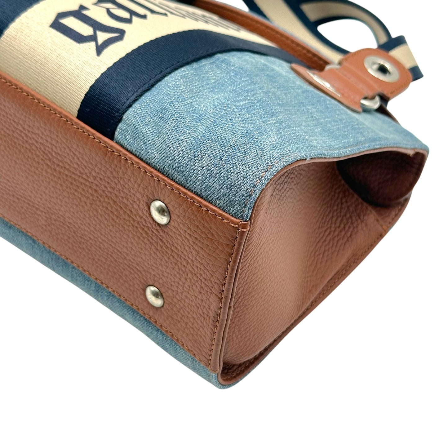 Galliano Brown Leather & Denim Logo Stripe Handbag