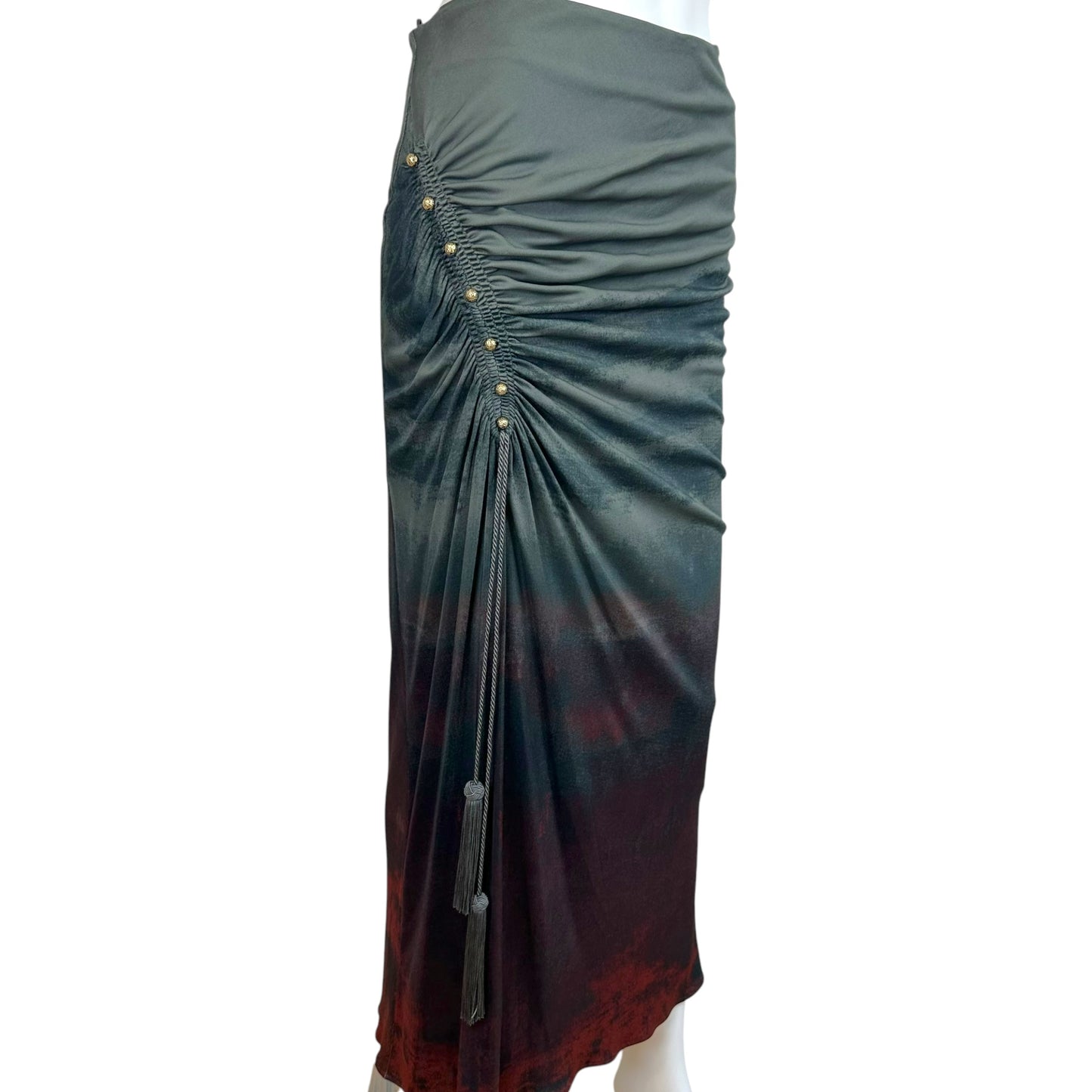 Roberto Cavalli Gray & Burgundy Gradient Print Ruched Side Maxi Skirt NEW