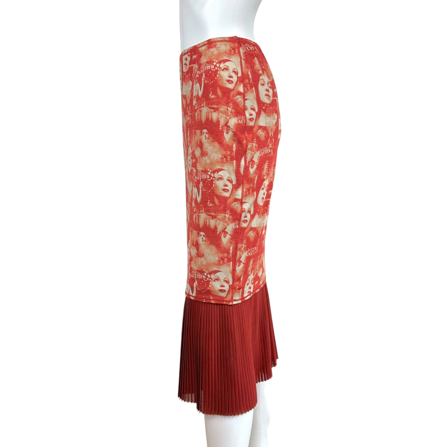 Jean Paul Gaultier Burgundy Face Print Pleated Hem Midi Skirt