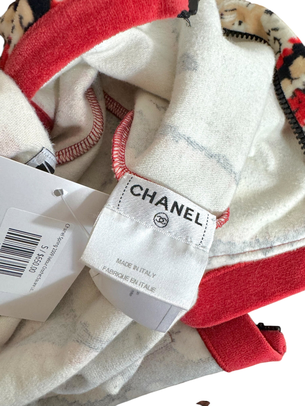 Chanel Spring 2009 Velour Crochet Square Logo Print Velour Zip-Up Top