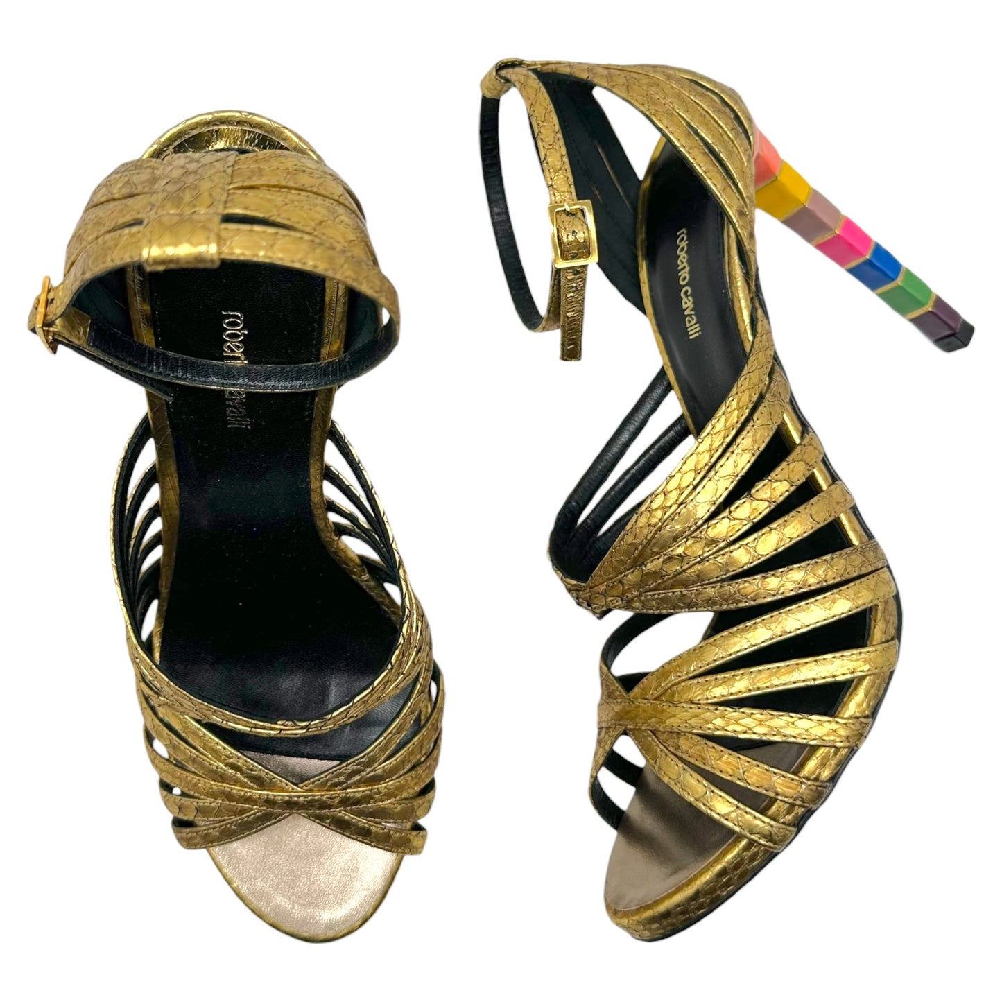 Roberto Cavalli Gold Snakeskin Strappy Sandals