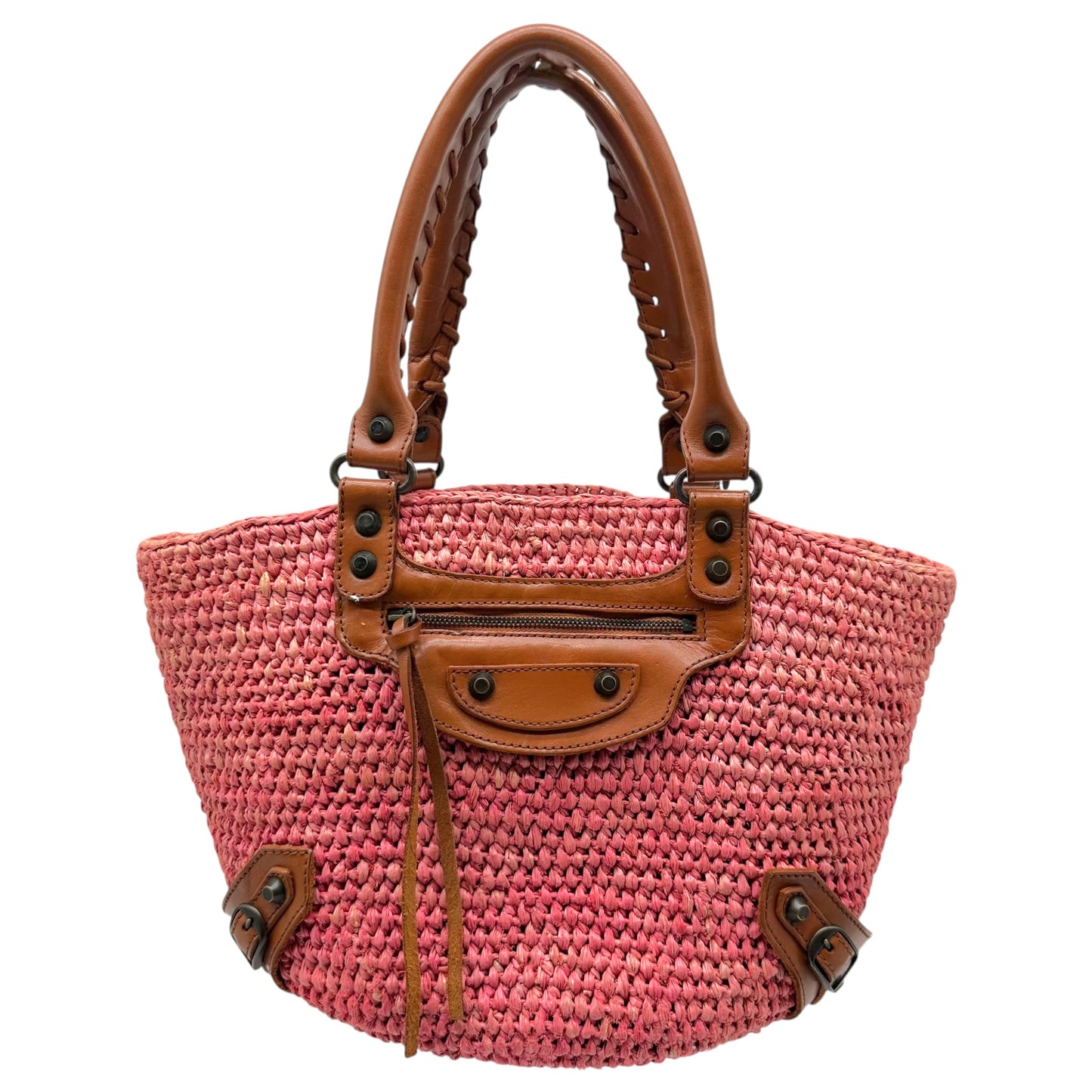 Balenciaga Small City Beach Bag Coral Pink Raffia Leather