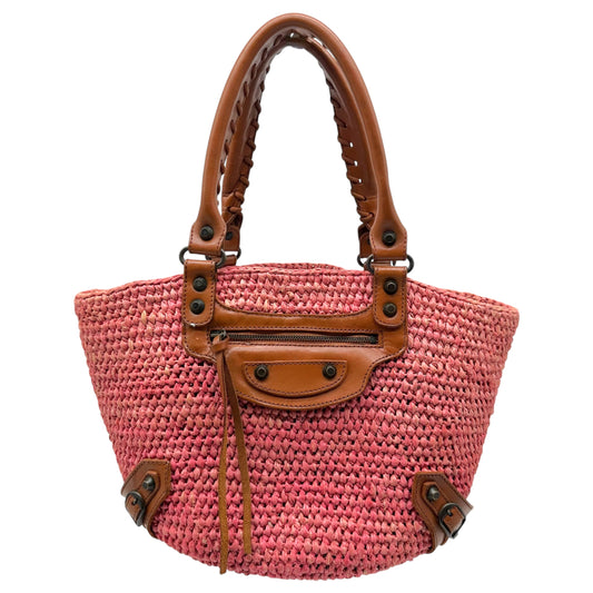 Balenciaga Small City Beach Bag Coral Pink Raffia Leather