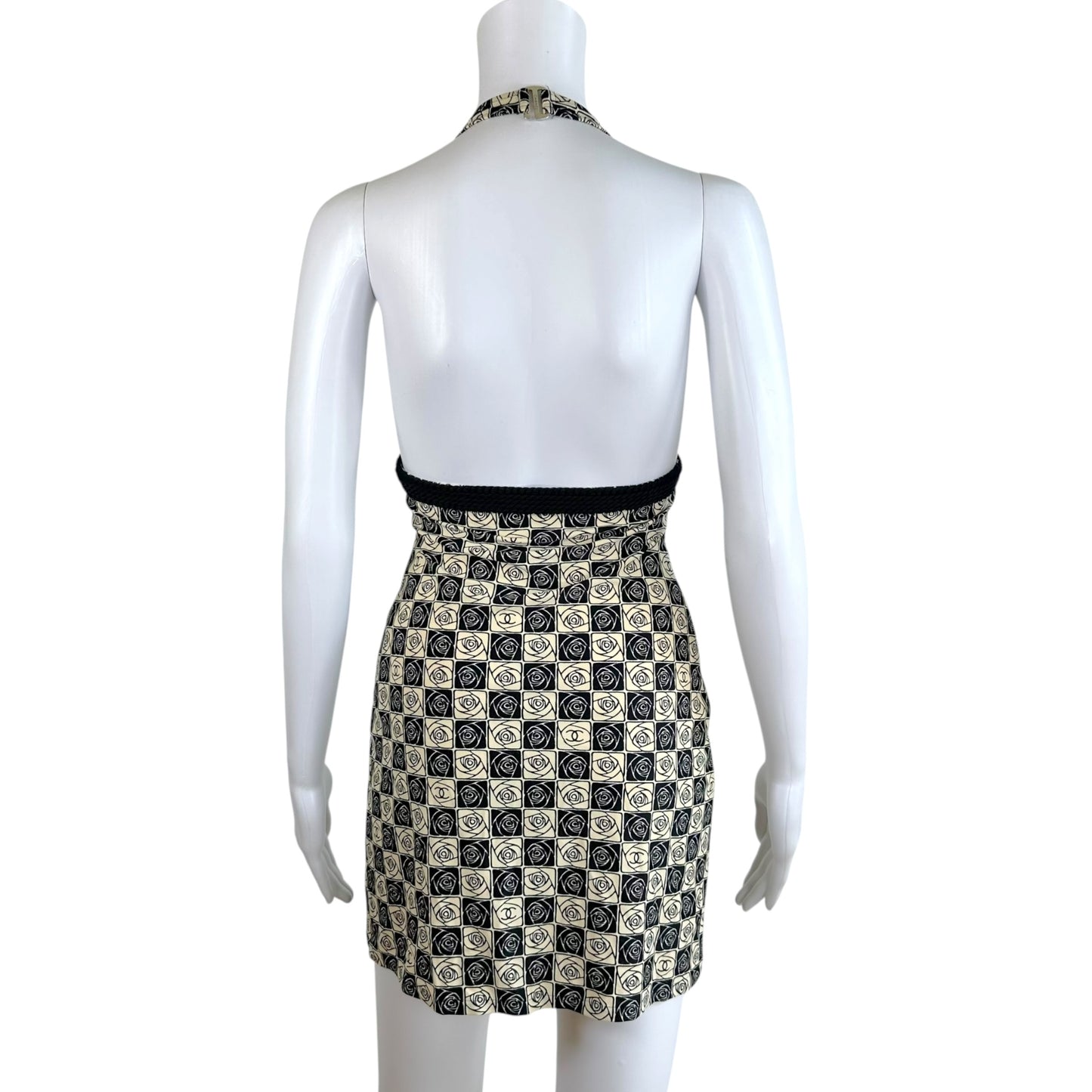 Chanel Halter Mini Dress Black Beige Camellia Print