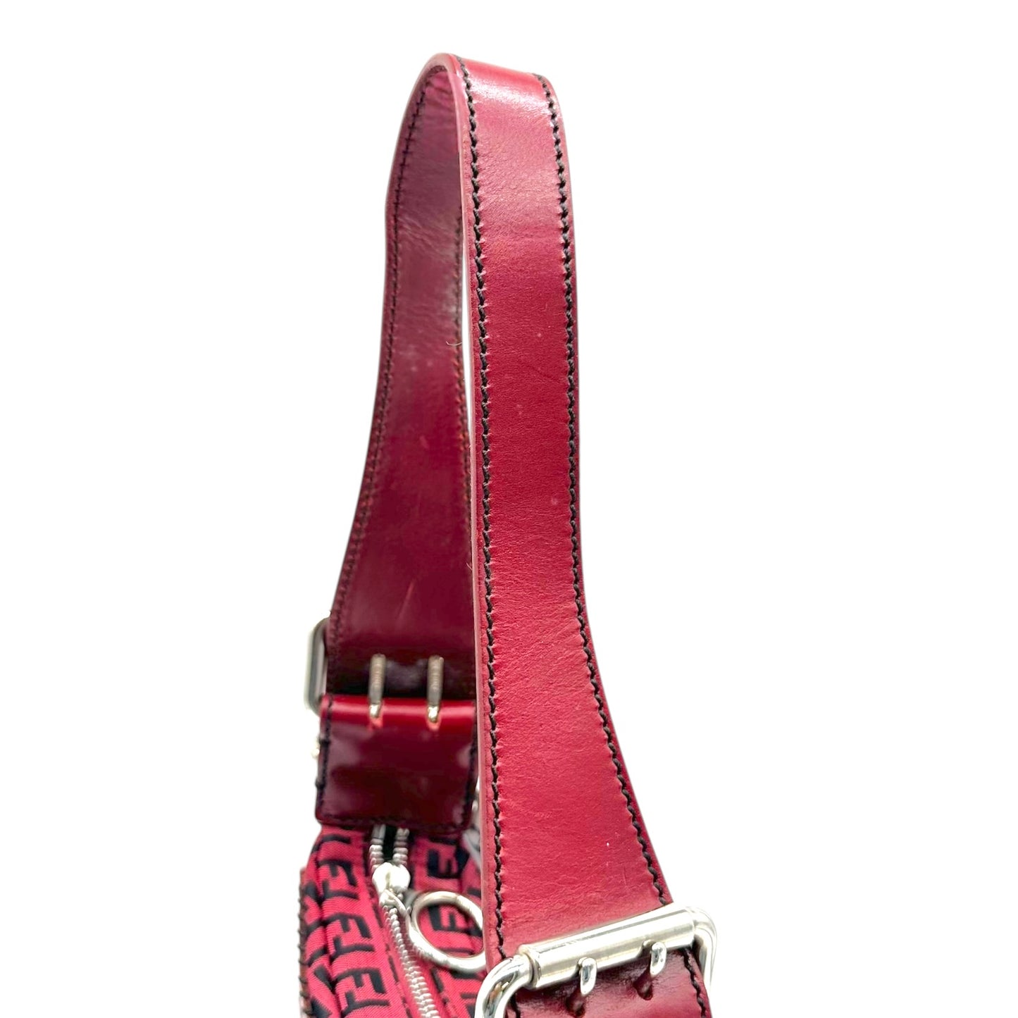 Fendi Red & Black Zucchino & Etched Leather Oyster Shoulder Bag