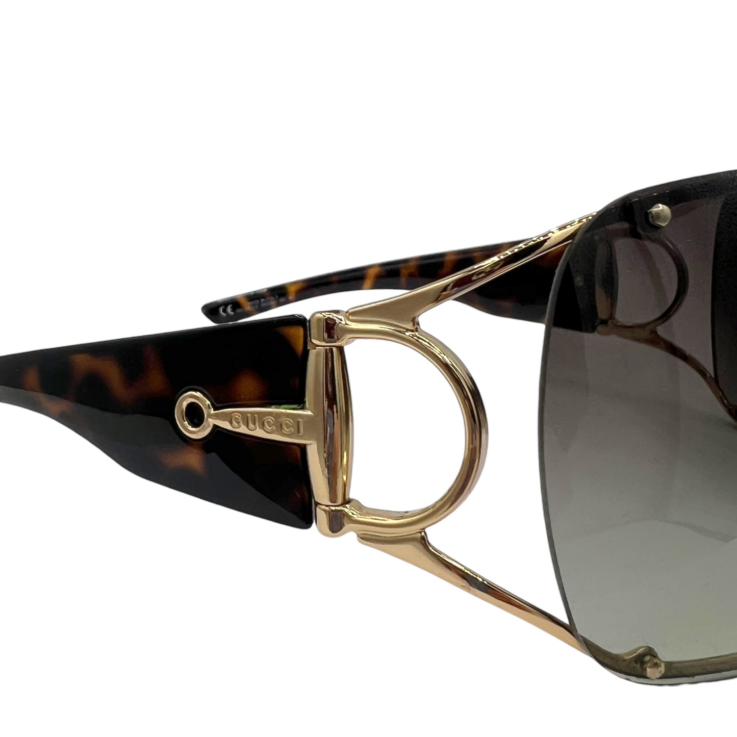 Gucci Tortoise Brown & Gold Horsebit Arm Oversized Shield Sunglasses GG2764 w/ Case