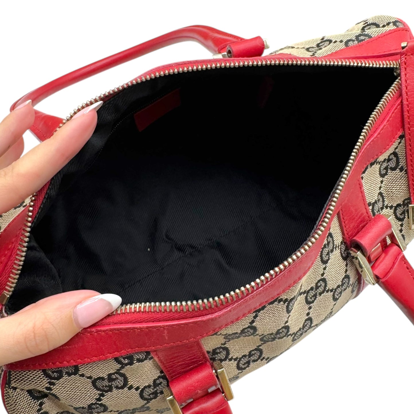 Gucci Gray Monogram & Red Leather Boston Bag - Outfit Repeater