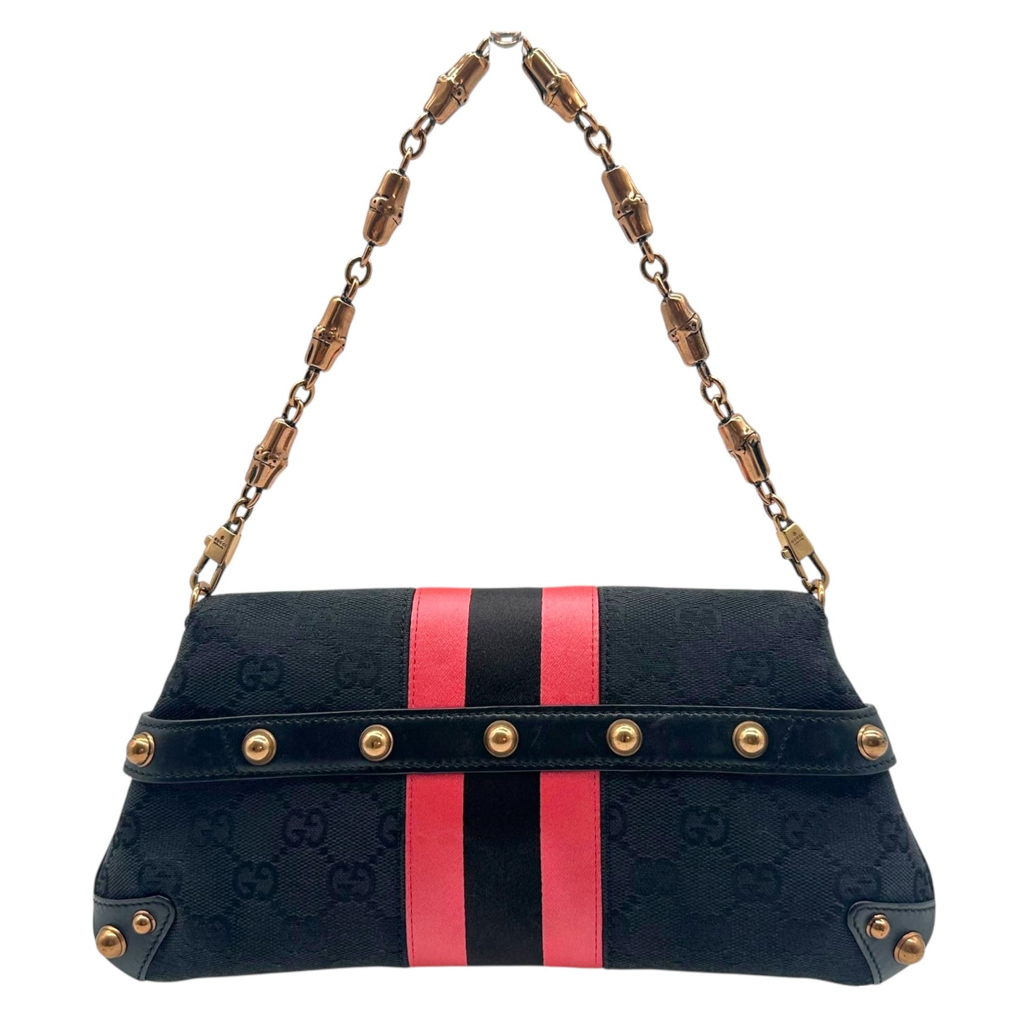 Gucci by Tom Ford 2004 Black Monogram & Pink Silk Horsebit Bag RARE