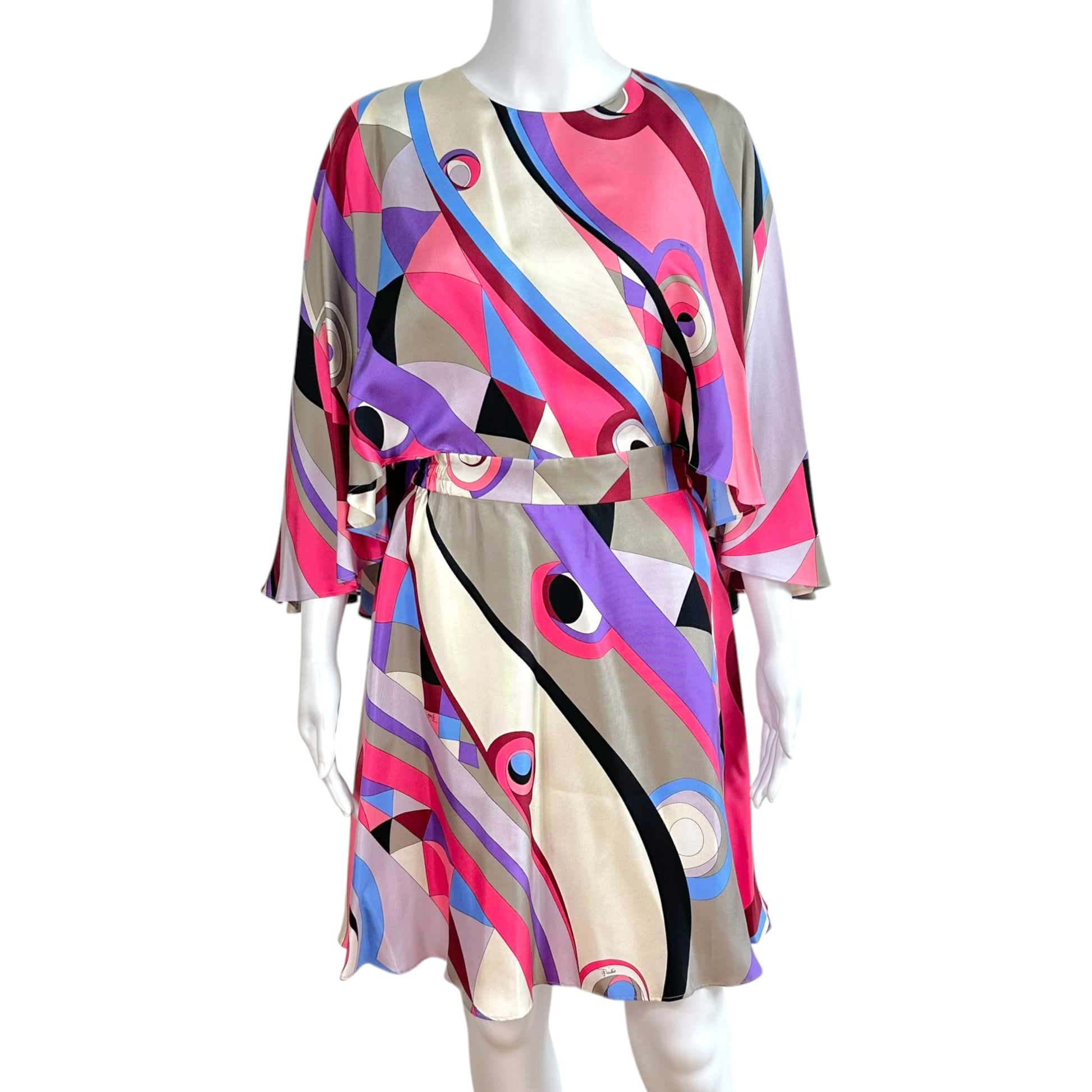 Emilio Pucci Mini Dress Pink Blue Printed Open Back Cape-Sleeve