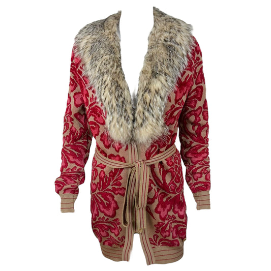 Roberto Cavalli Fox Fur Trim Patterned Knit Longline Cardigan
