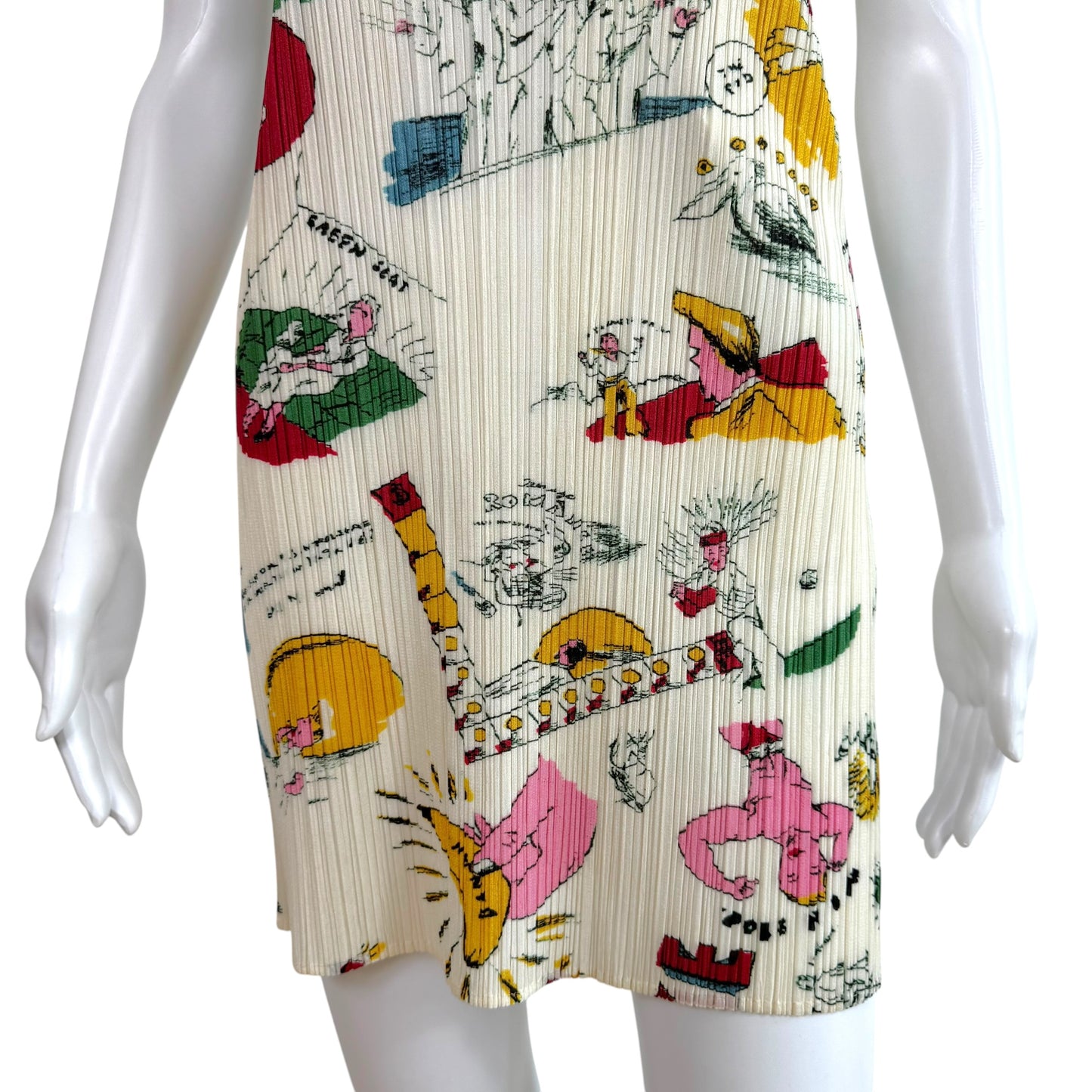 Issey Miyake Pleats Please x Terry Johnson White Multicolor Doodle Print Pleated Mini Dress Sz 4