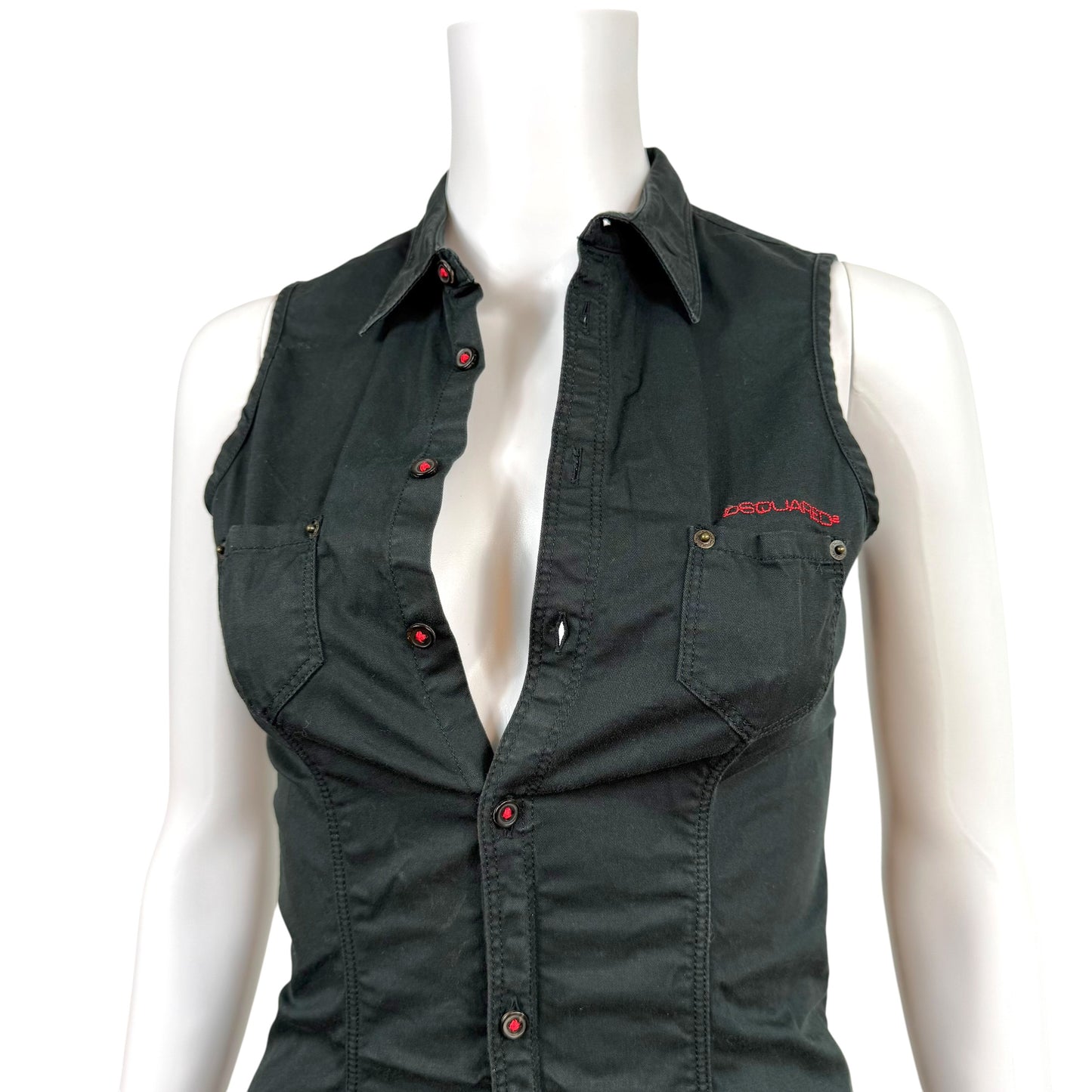 Dsquared2 Black Button Up Sleeveless Logo Embroidered Midi Dress