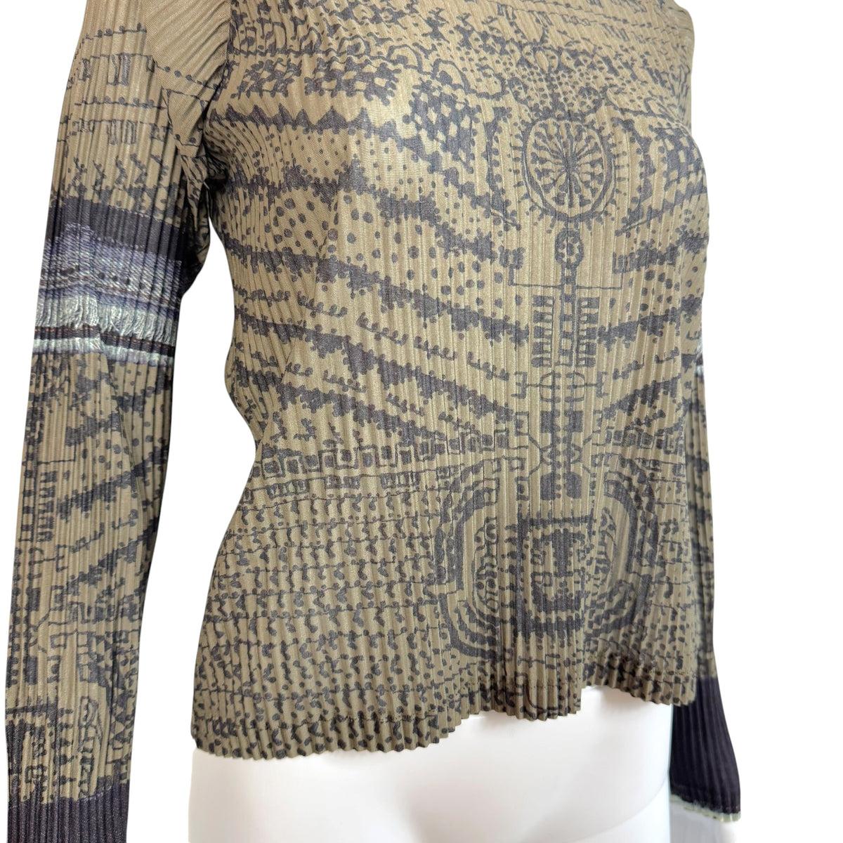 Issey Miyake Pleated Khaki Black Tattoo Print Longsleeve Top