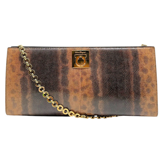 Ferragamo Brown Gold Lizard Skin 2-Way Clutch Bag