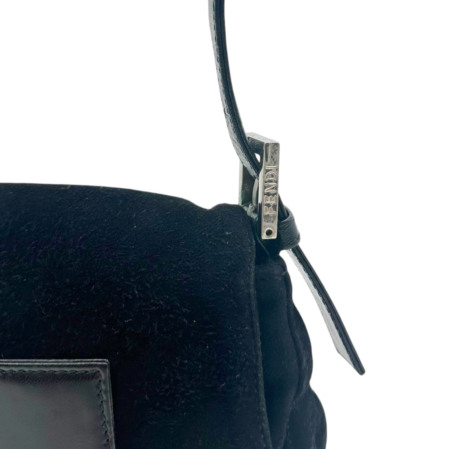 Fendi Black Suede Mini Baguette Bag with Red Buckle