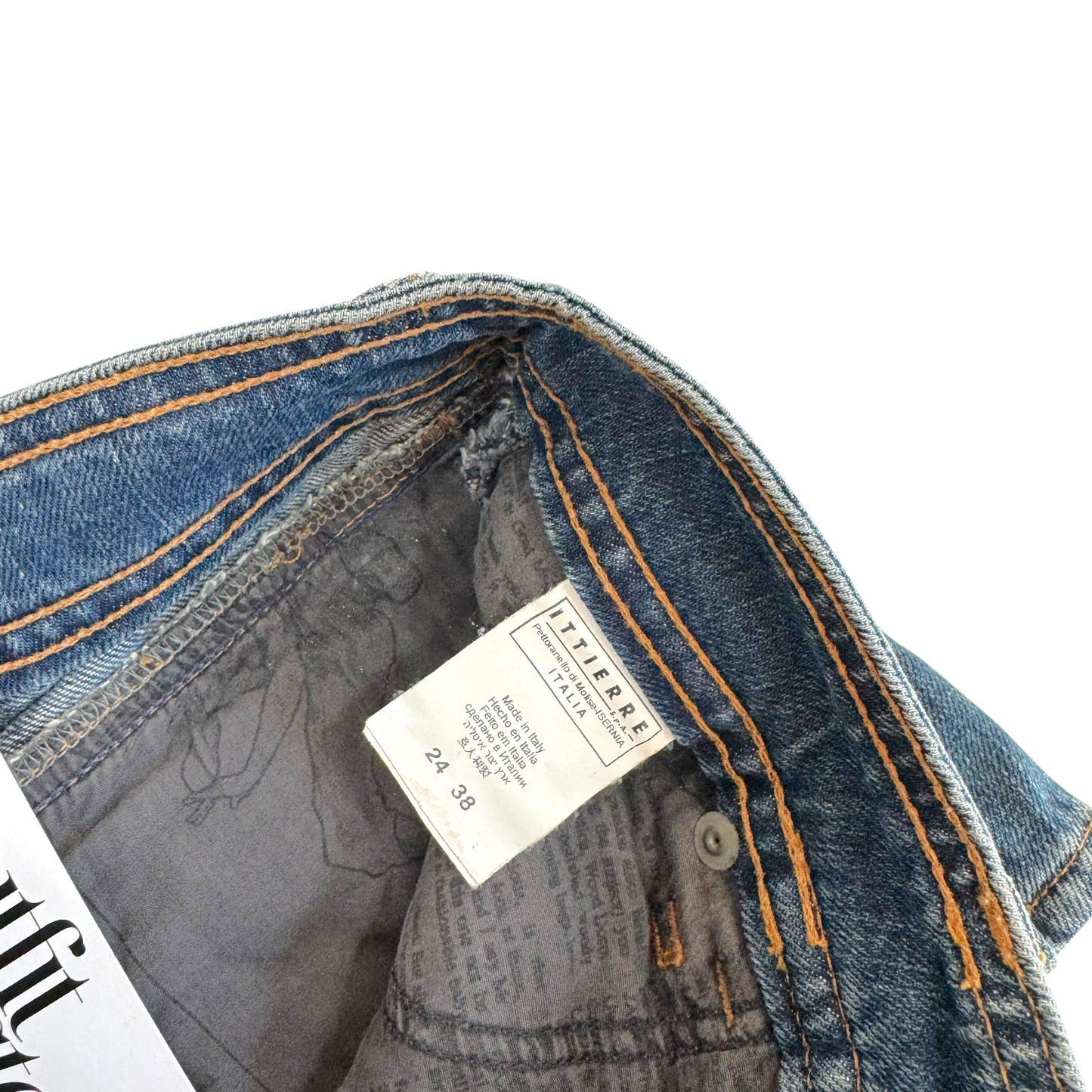 Galliano Gazette Print Pocket Dark Wash Denim Mini Shorts