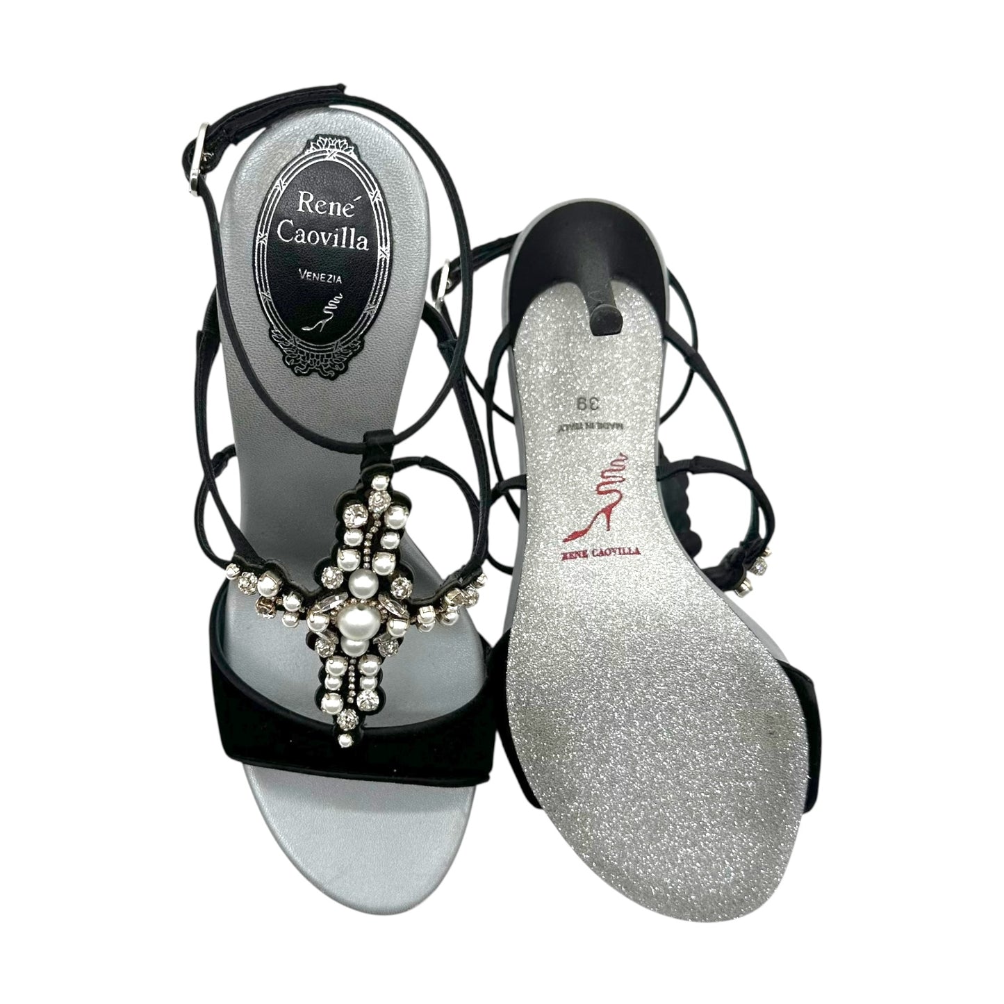 Rene Caovilla Black Velvet Embelished Cross Heeled Sandals