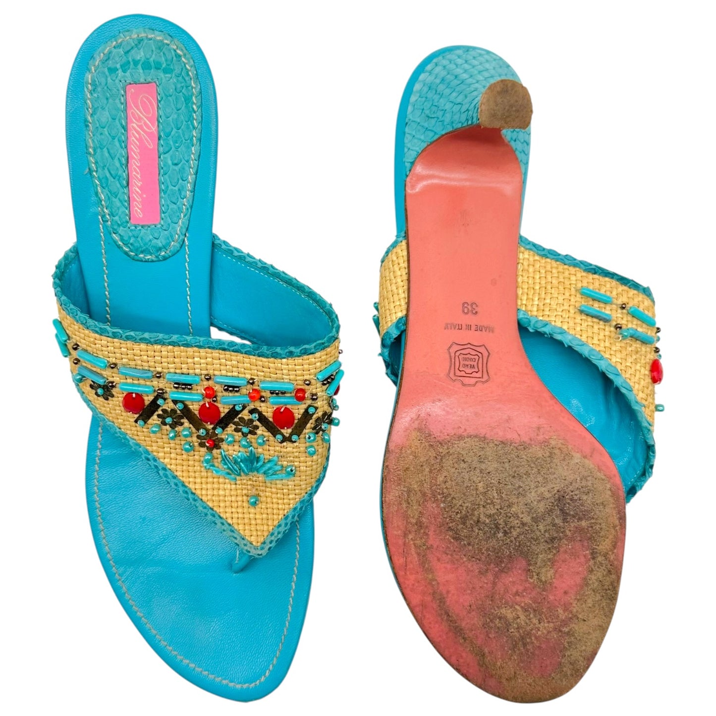 Blumarine Multicolor Beaded Raffia Kitten Heel Flip Flops