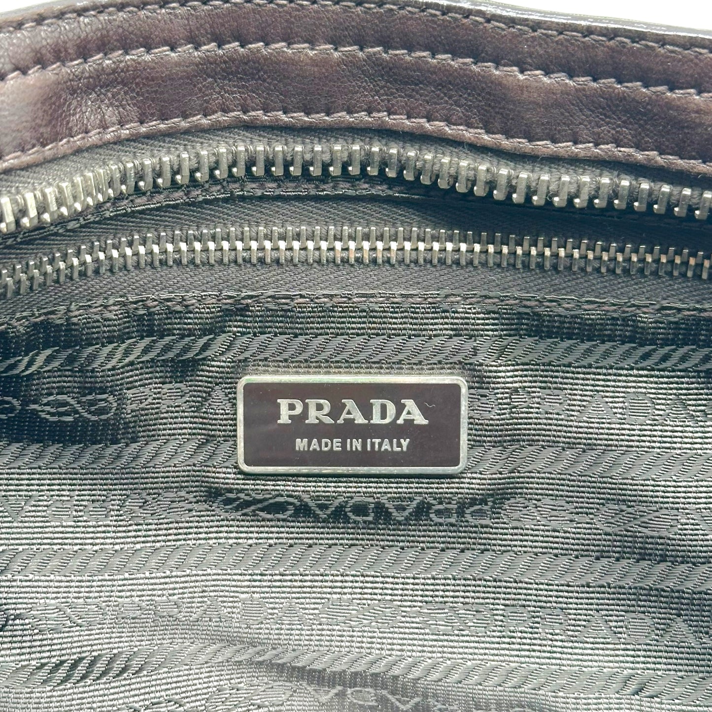 Prada Brown Leather Canvas Studded Shoulder Bag