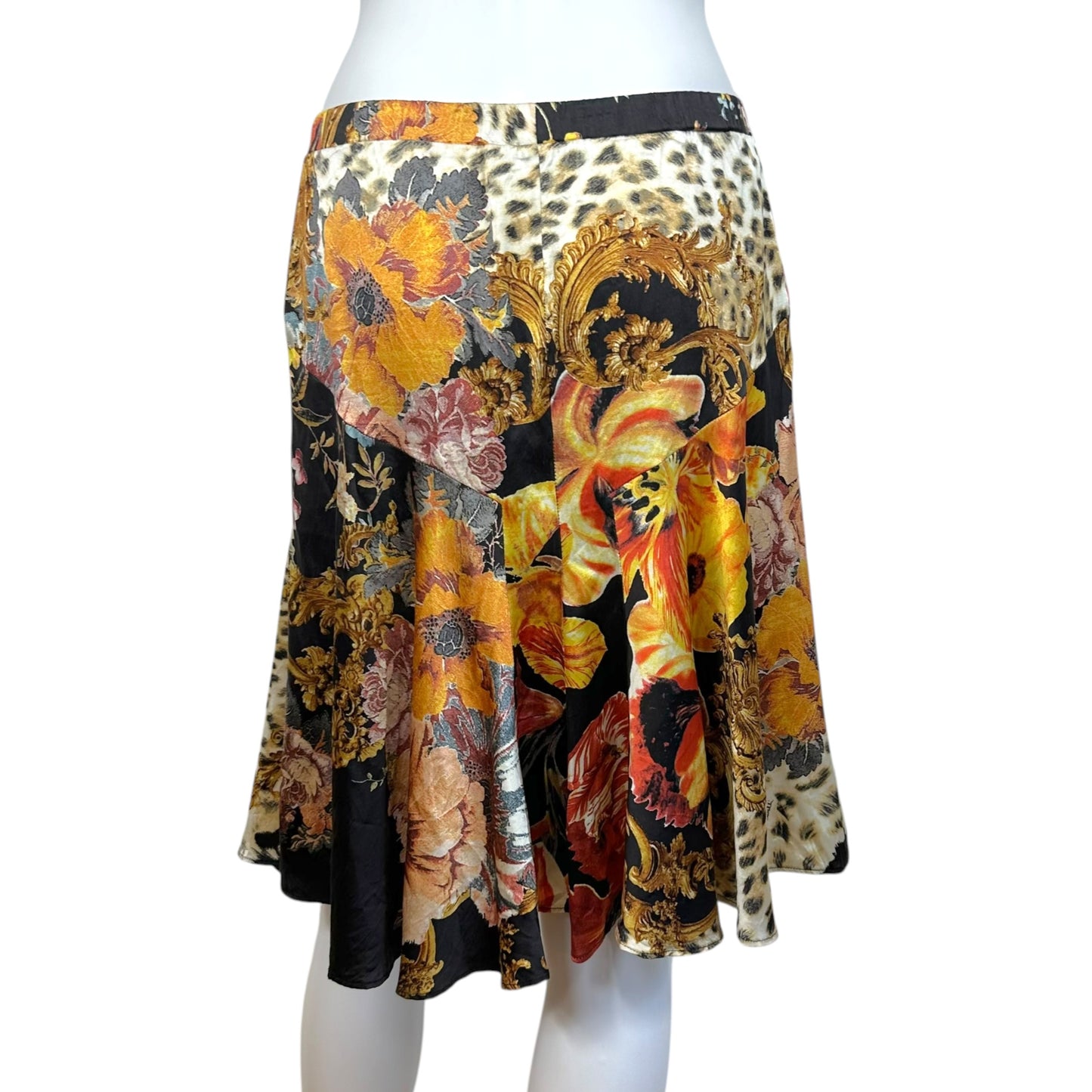 Roberto Cavalli 2005 Leopard Print & Floral Silk Midi Skirt