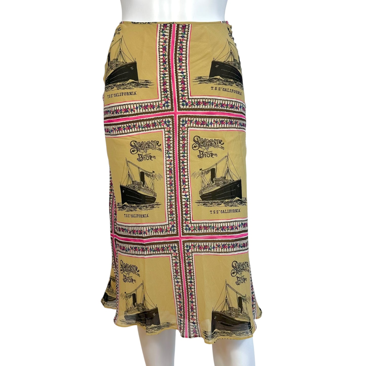 Christian Dior 'Souvenir of Dior' Beige Ship Printed Silk Midi Skirt