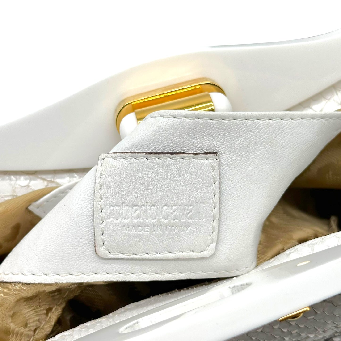 Roberto Cavalli White Python Gold Detail Clutch Bag