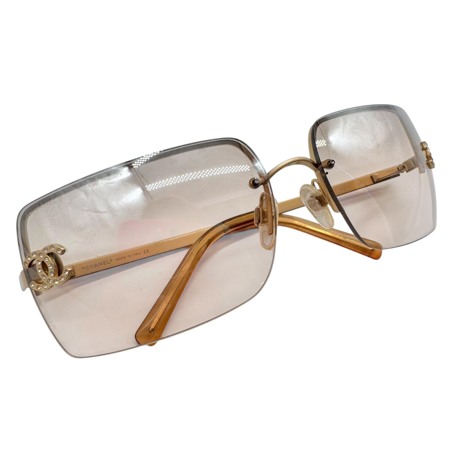 Chanel Beige/ Gold Crystal Logo Rimless 4092-B Sunglasses