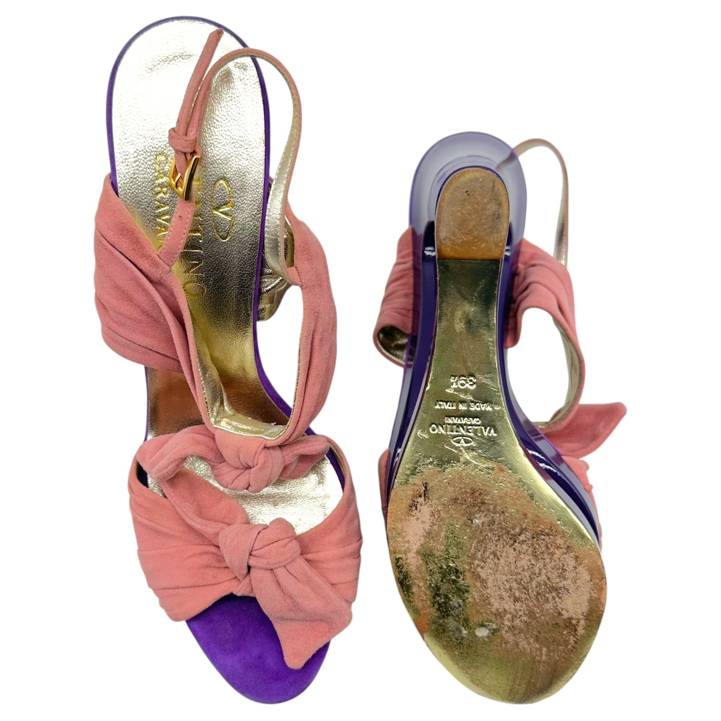 Valentino Garavani Pink Suede & Purple Cut-Out Platform Wedge Sandals
