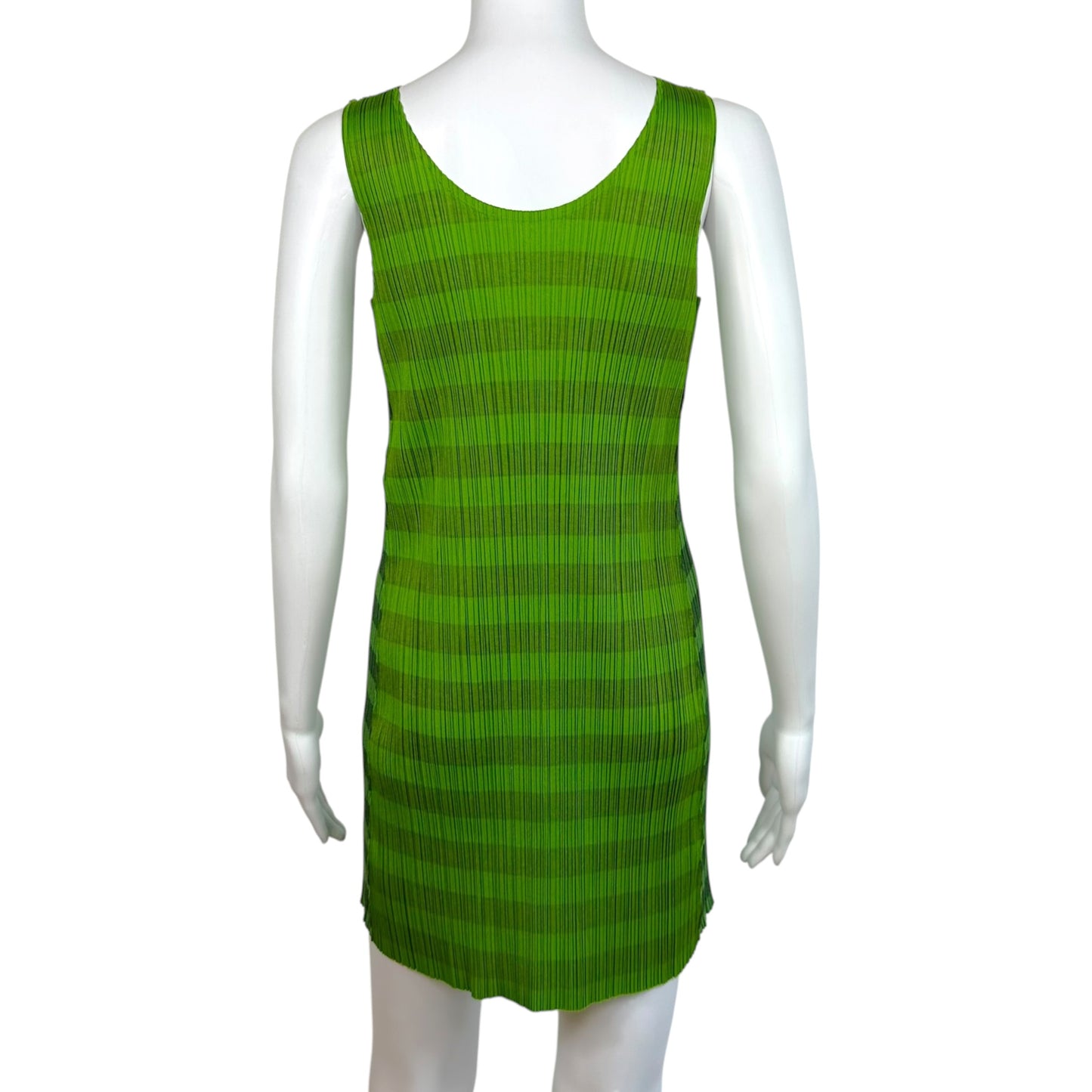 Issey Miyake Pleats Please Green Striped Sleeveless Pleated Mini Dress