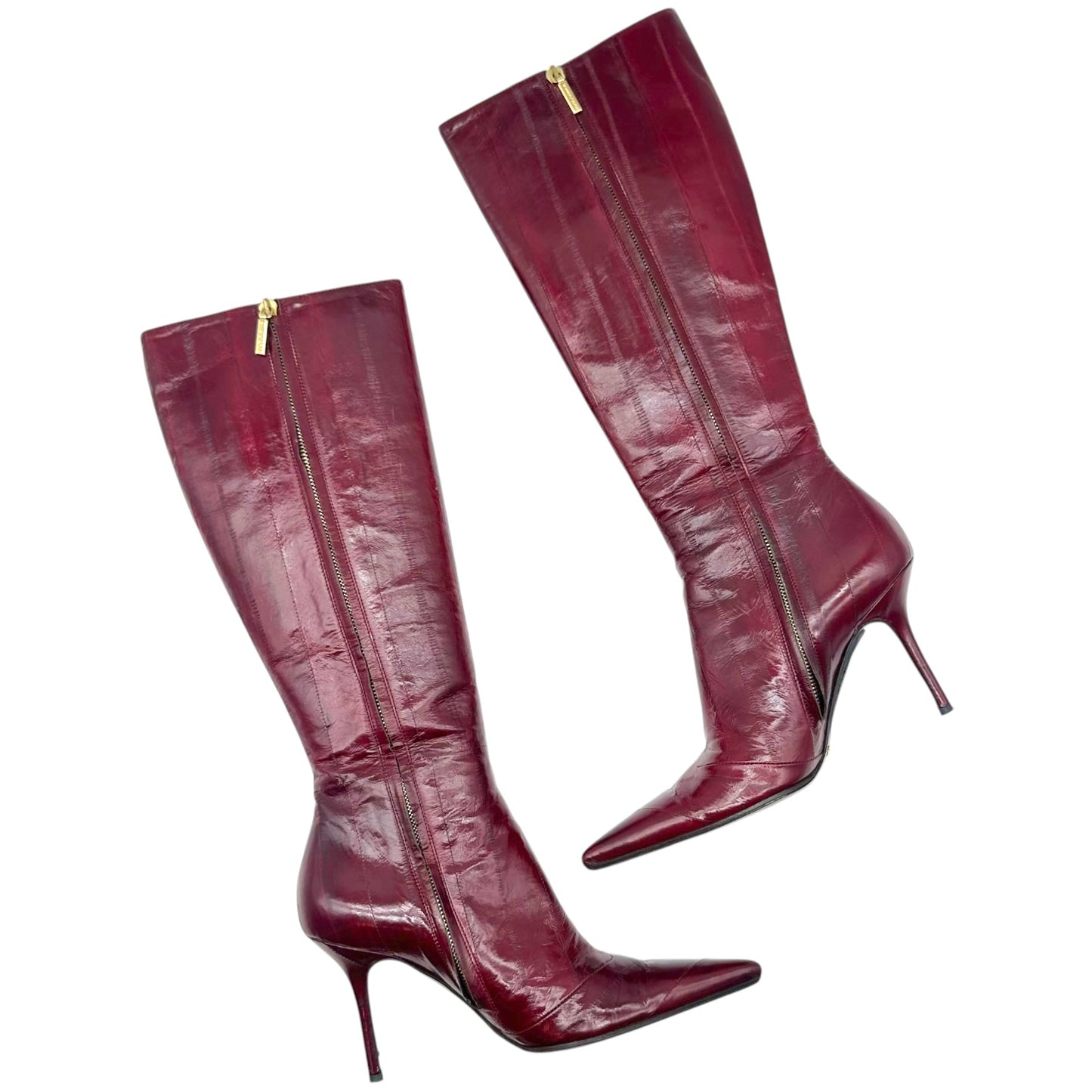 Dolce & Gabbana Burgundy Eel Skin Pointed Toe Knee High Heeled Boots