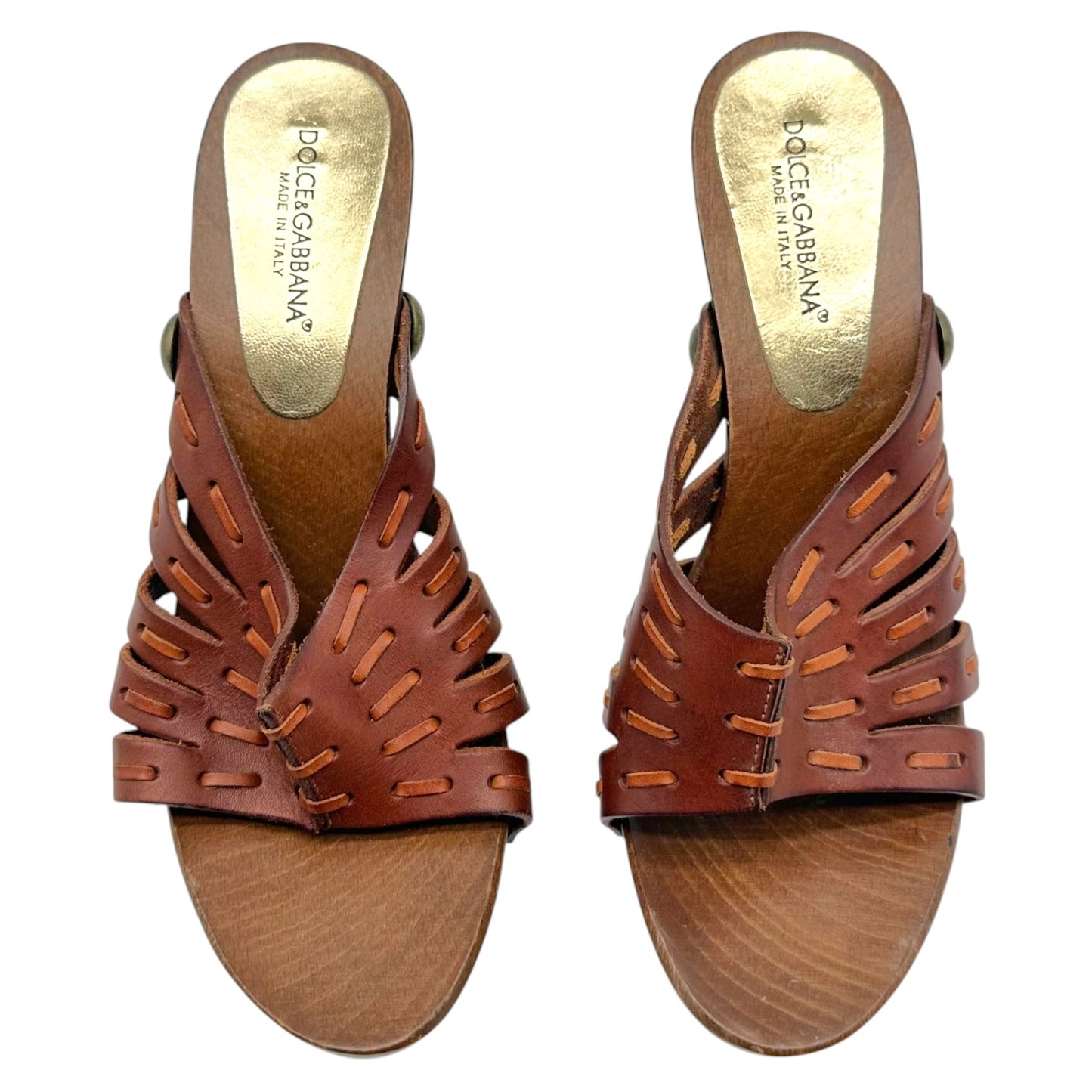 Dolce & Gabbana Brown Leather & Wood Platform Mule Heels