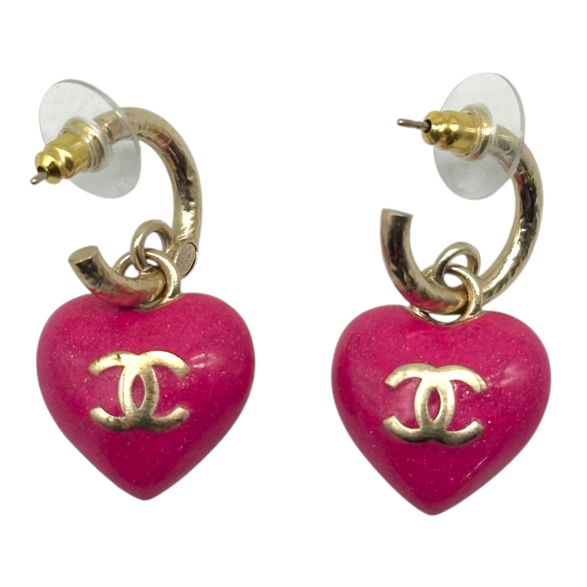 Chanel Gold Pink Crystal CC Heart Logo Hoop Earrings