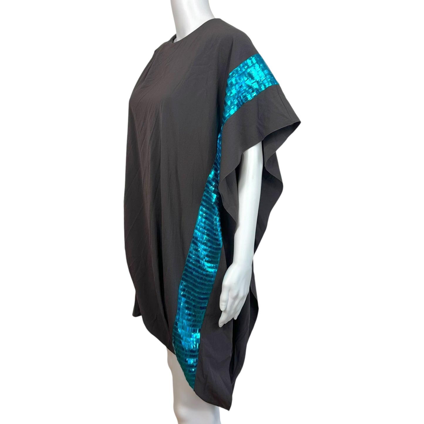 Missoni Brown Silk & Turquoise Sequin Embellished Asymmetrical Batwing Sleeve Mini Dress