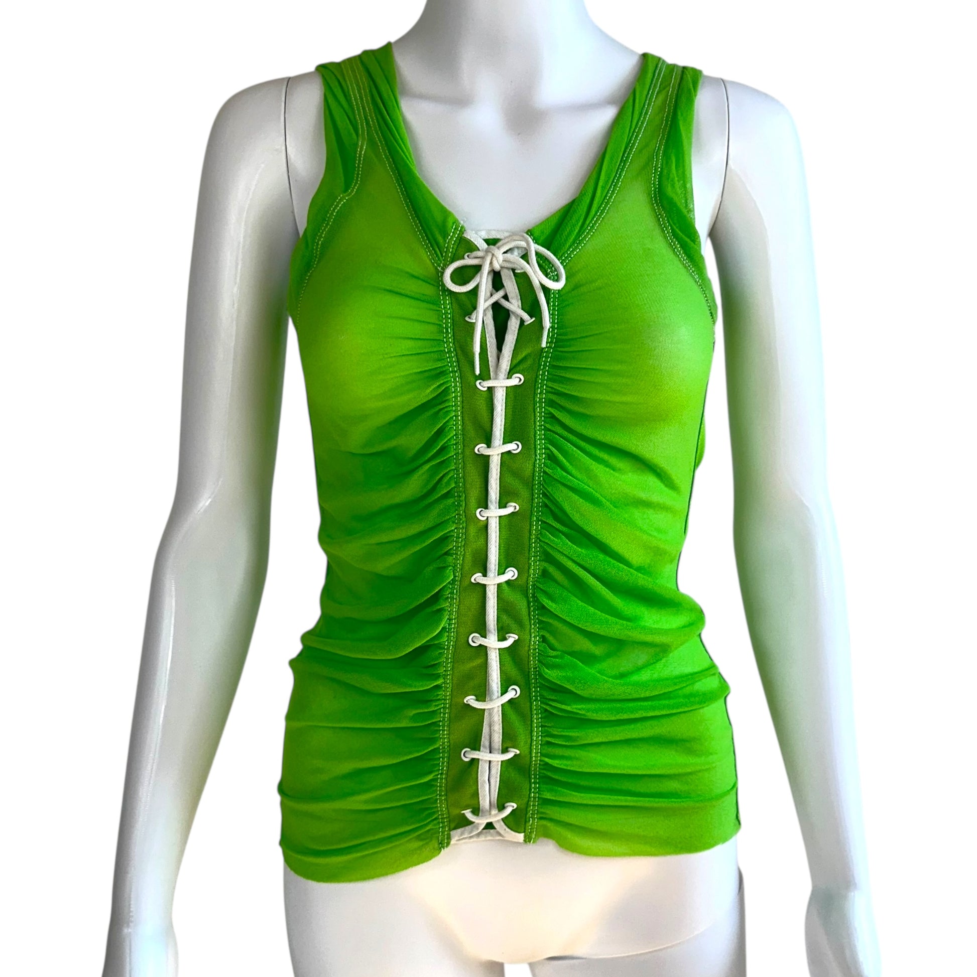Jean Paul Gaultier Soleil Bright Green Lace Up Mesh Tank Top - Outfit Repeater