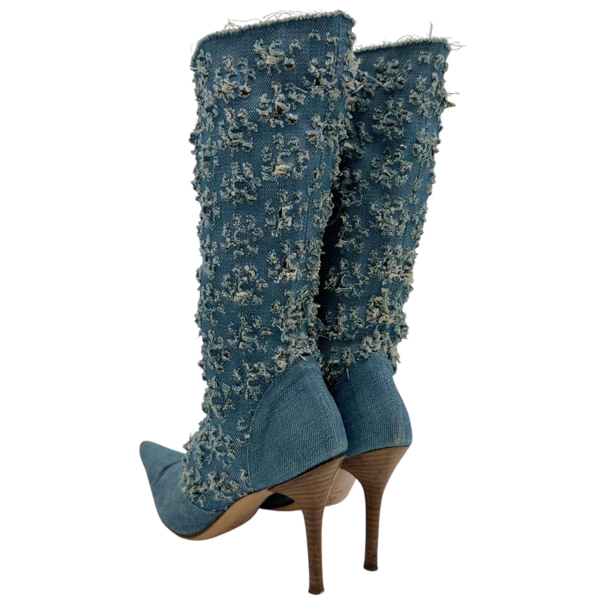 Versace Versus Distressed Denim Pointed Toe Boots - Outfit Repeater