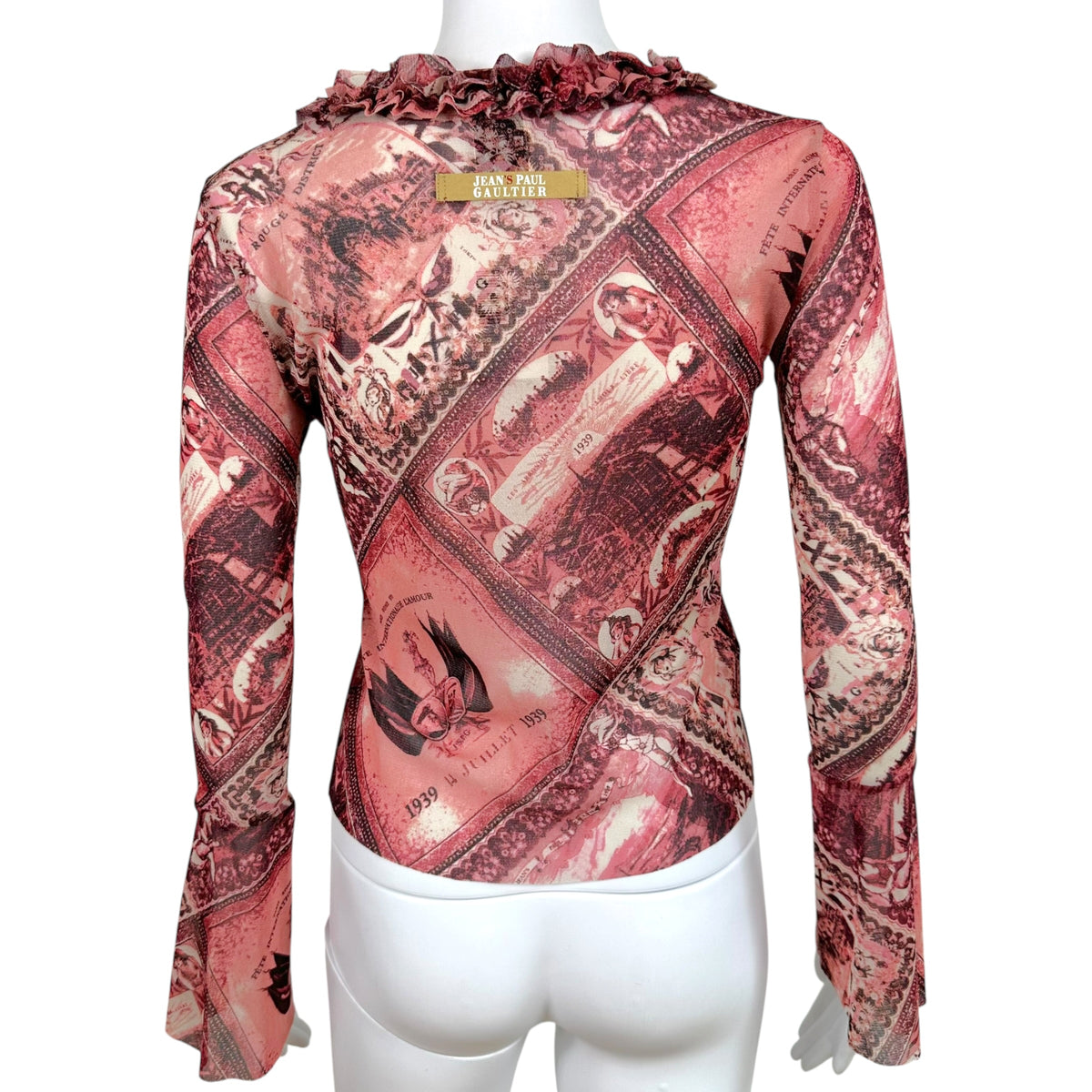 Jean Paul Gaultier Jean's Burgundy Postcard Print Mesh Fringe Trim Cardigan Top