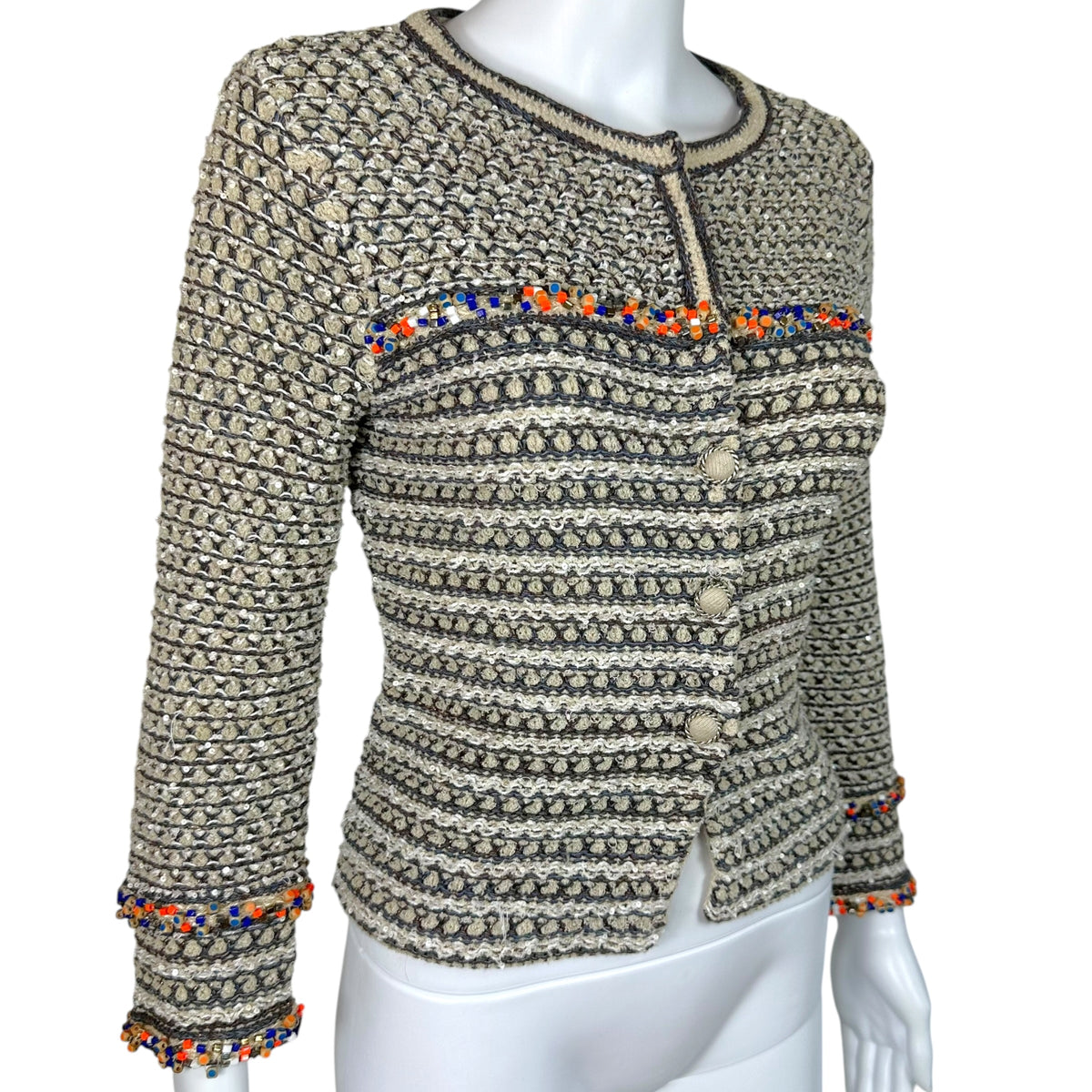 Chanel Taupe Tweed Sequin Knit Crop Cardigan