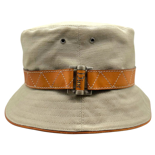 Christian Dior Light Khaki Green Canvas & Brown Leather Bucket Hat - Outfit Repeater