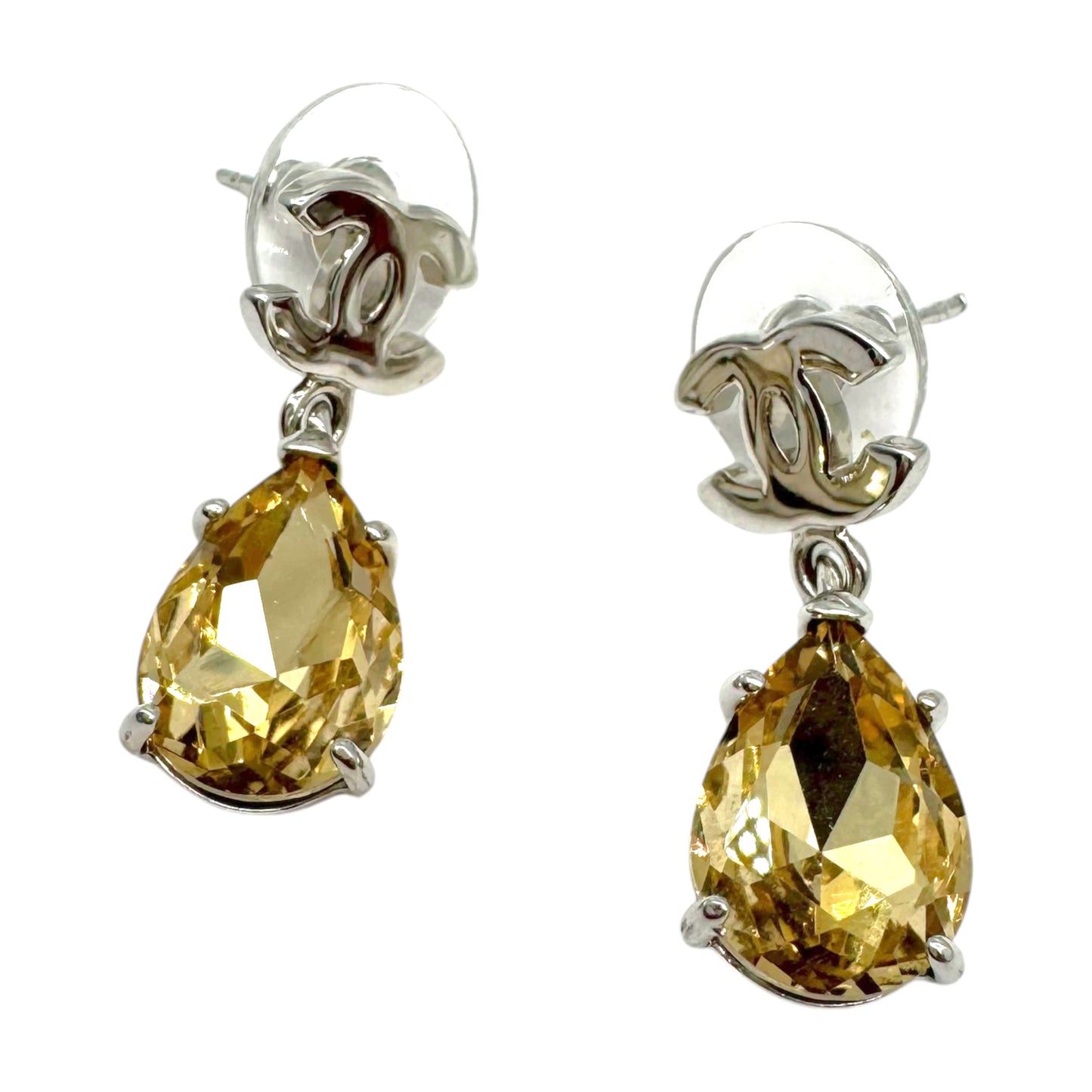 Chanel Teardrop Earrings Silver Yellow Crystal CC Logo