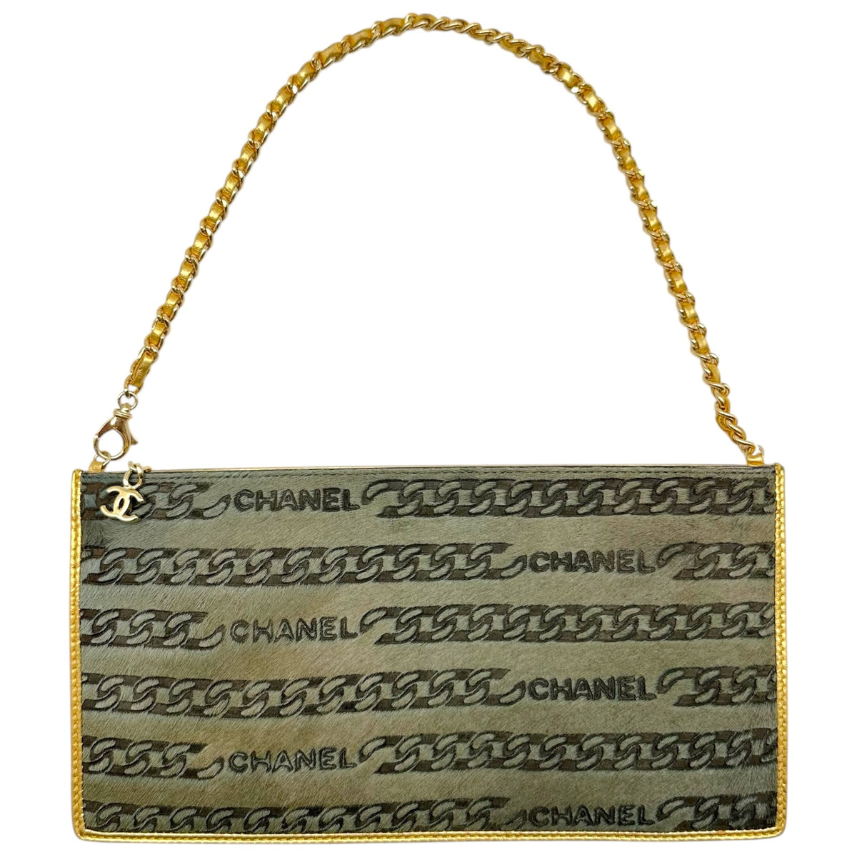 Chanel Pochette Bag Khaki Green Ponyhair Gold Leather