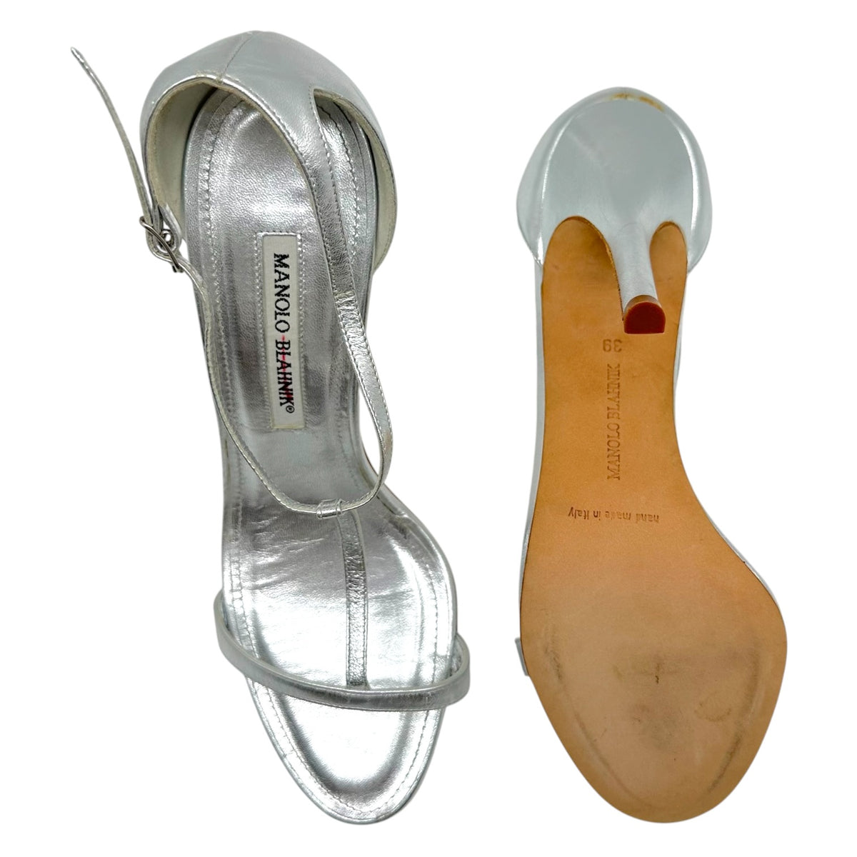 Manolo Blahnik Silver Leather Strappy Heeled Sandals