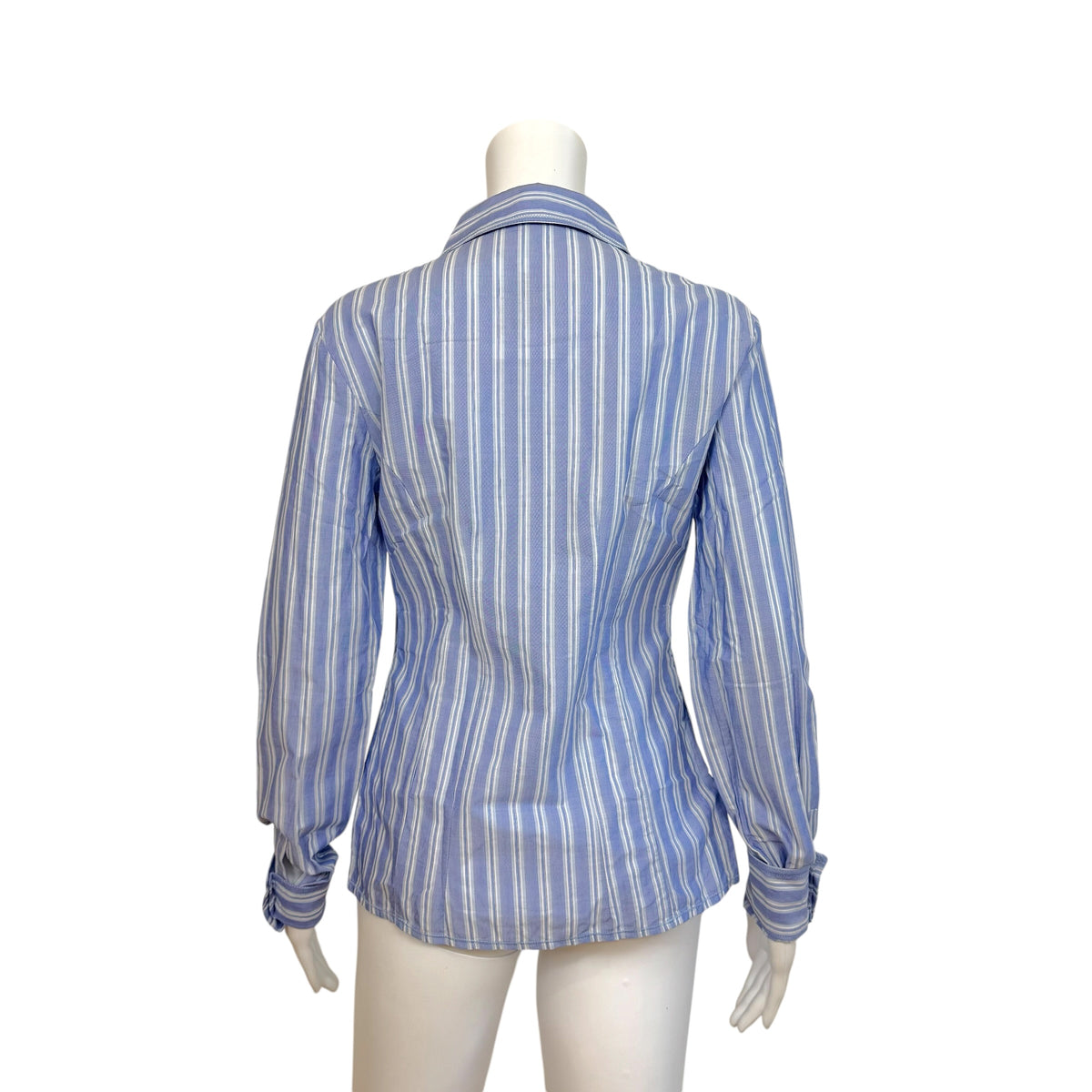 Galliano Blue Pinstriped Logo Embroidered Button Up Blouse