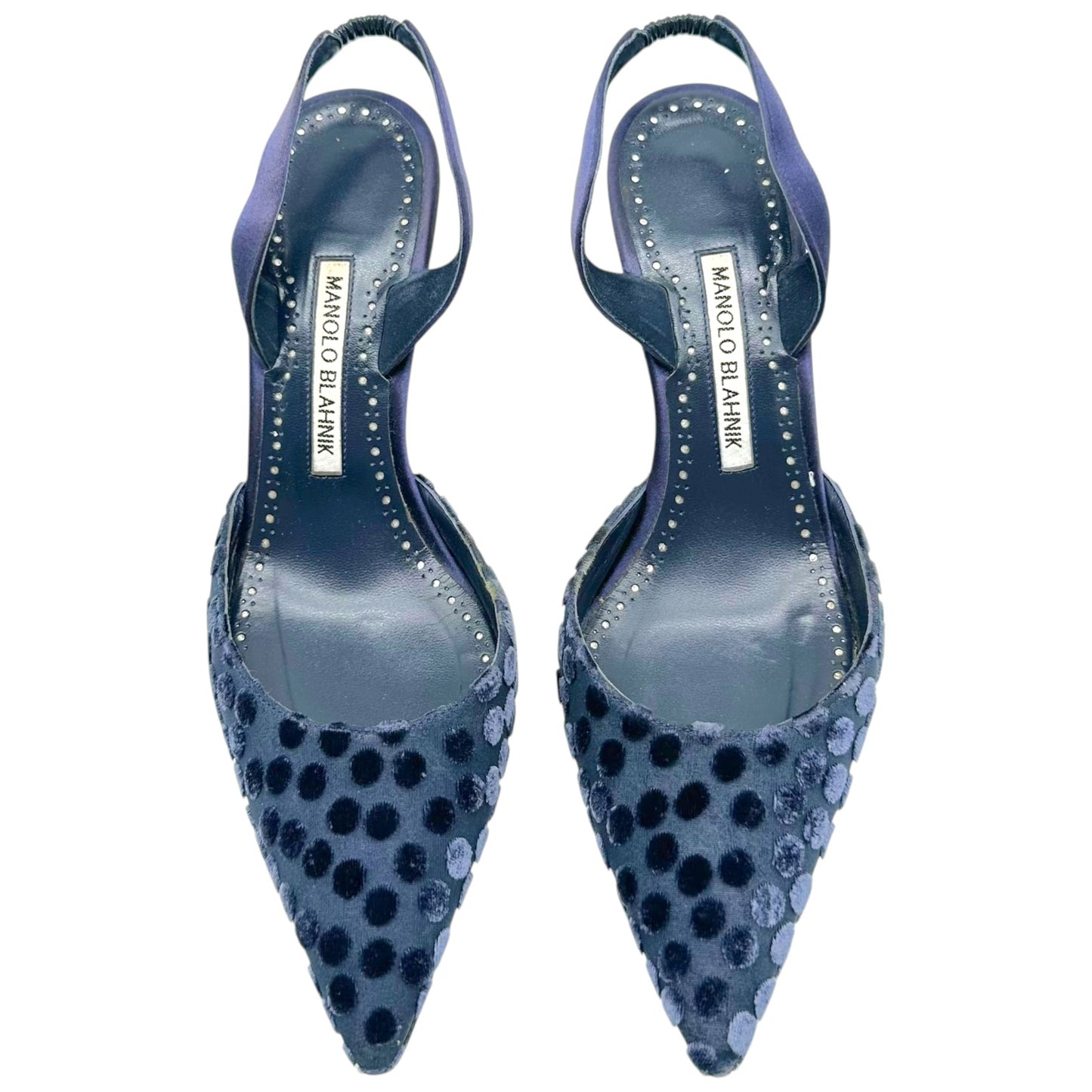 Manolo Blahnik Navy Blue Velvet Polka Dot Slingback Heels